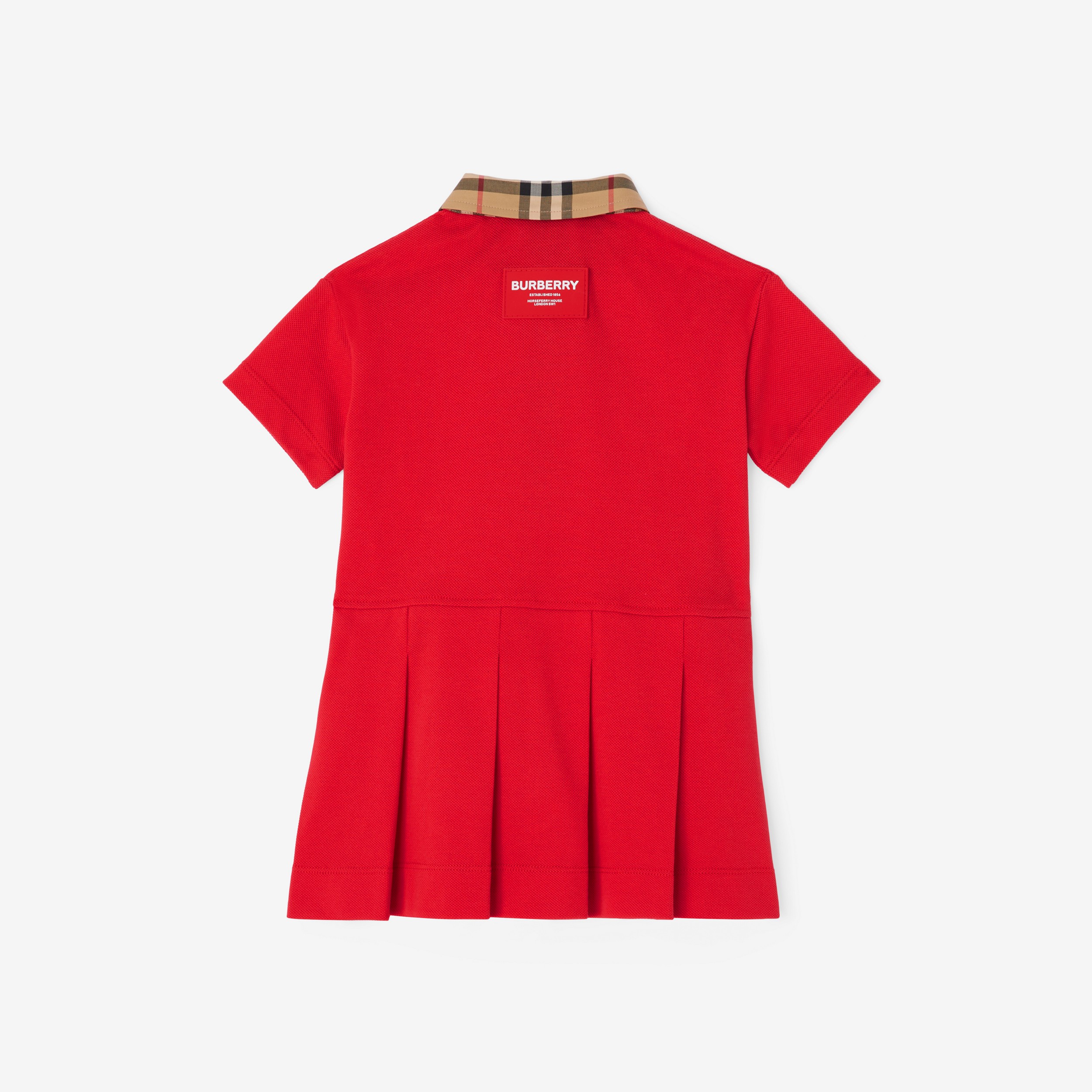 Vestido estilo camisa polo de algodão piquê com detalhe em Vintage Check (Vermelho Intenso) - Crianças | Burberry® oficial - 2