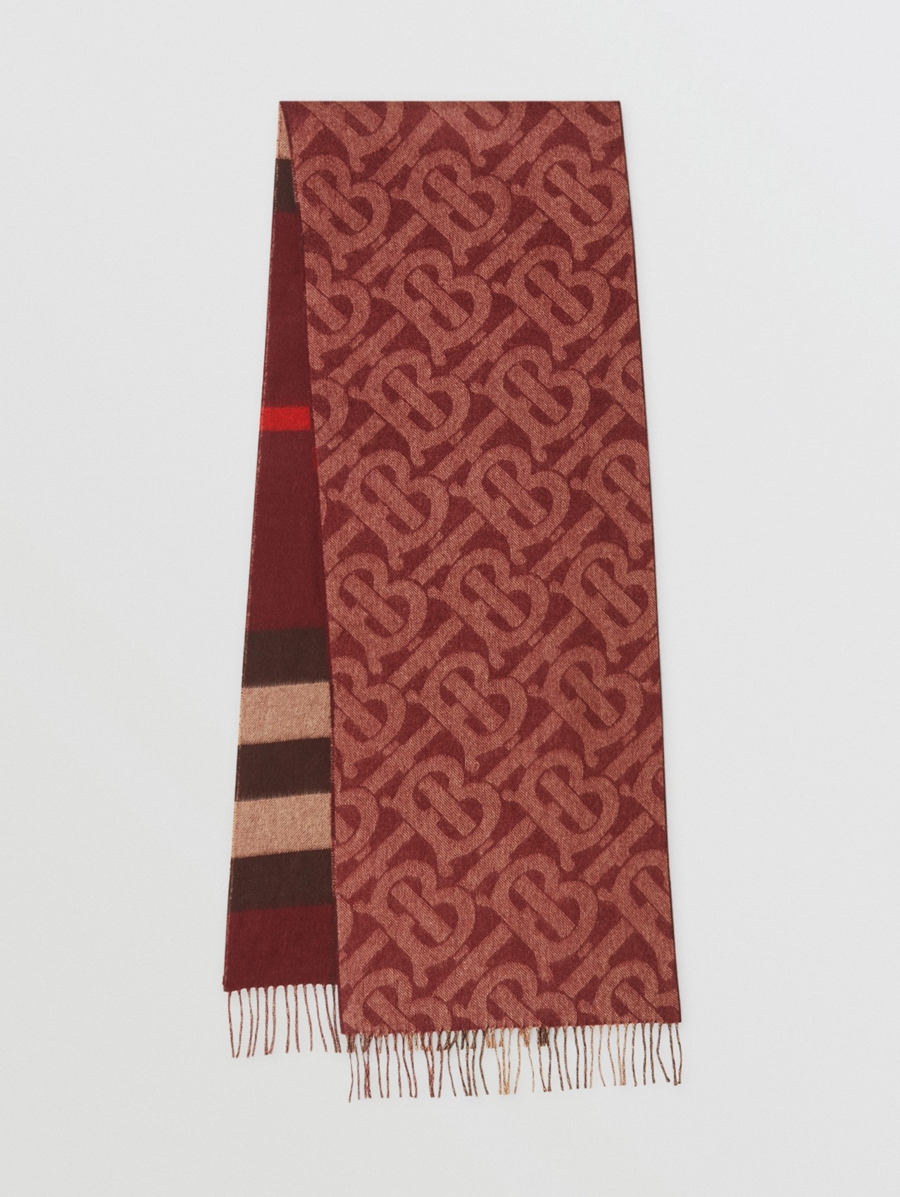 Reversible Check and Monogram Cashmere Scarf in Burgundy