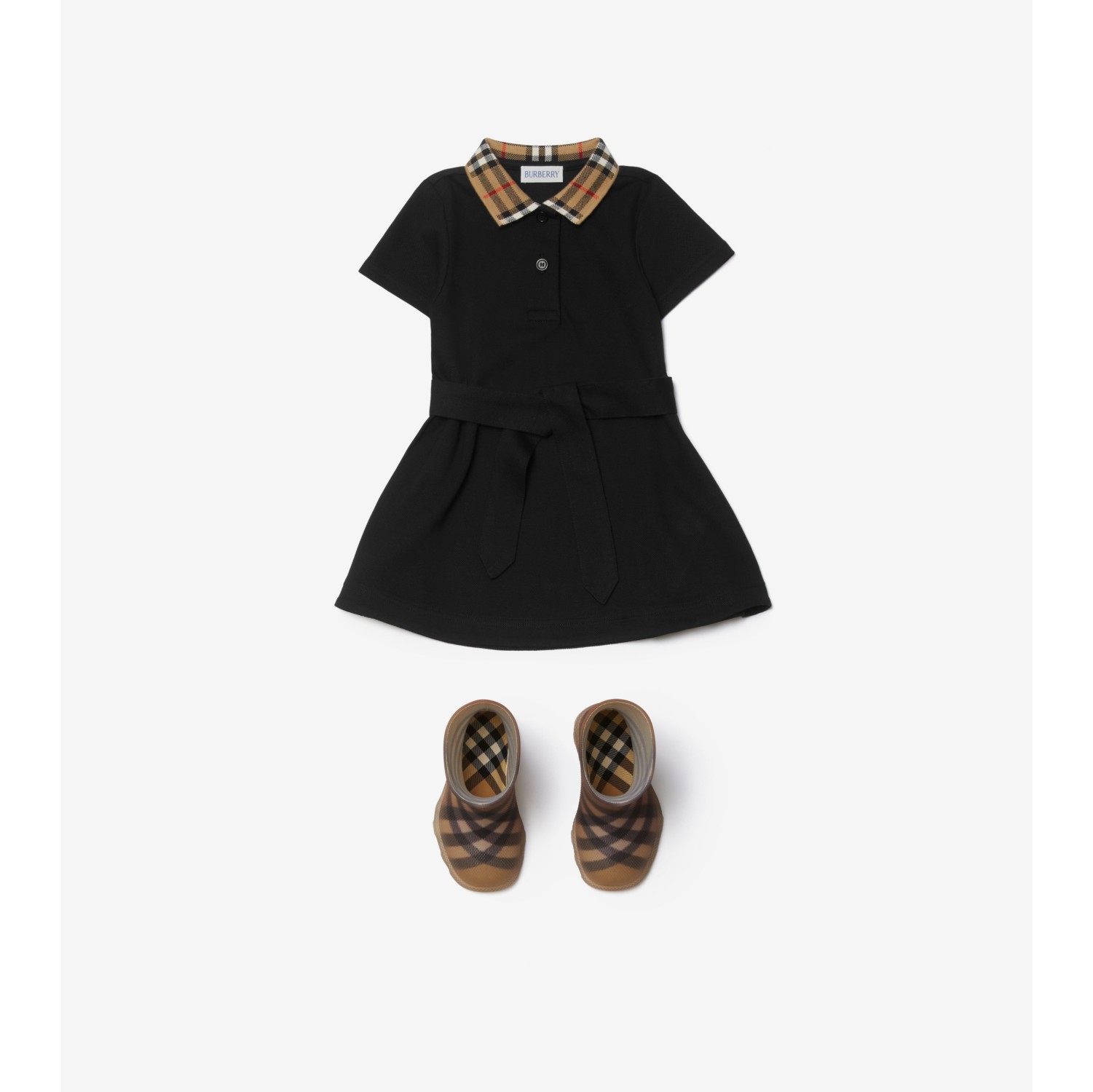 Check Collar Cotton Polo Shirt Dress in Black | Burberry