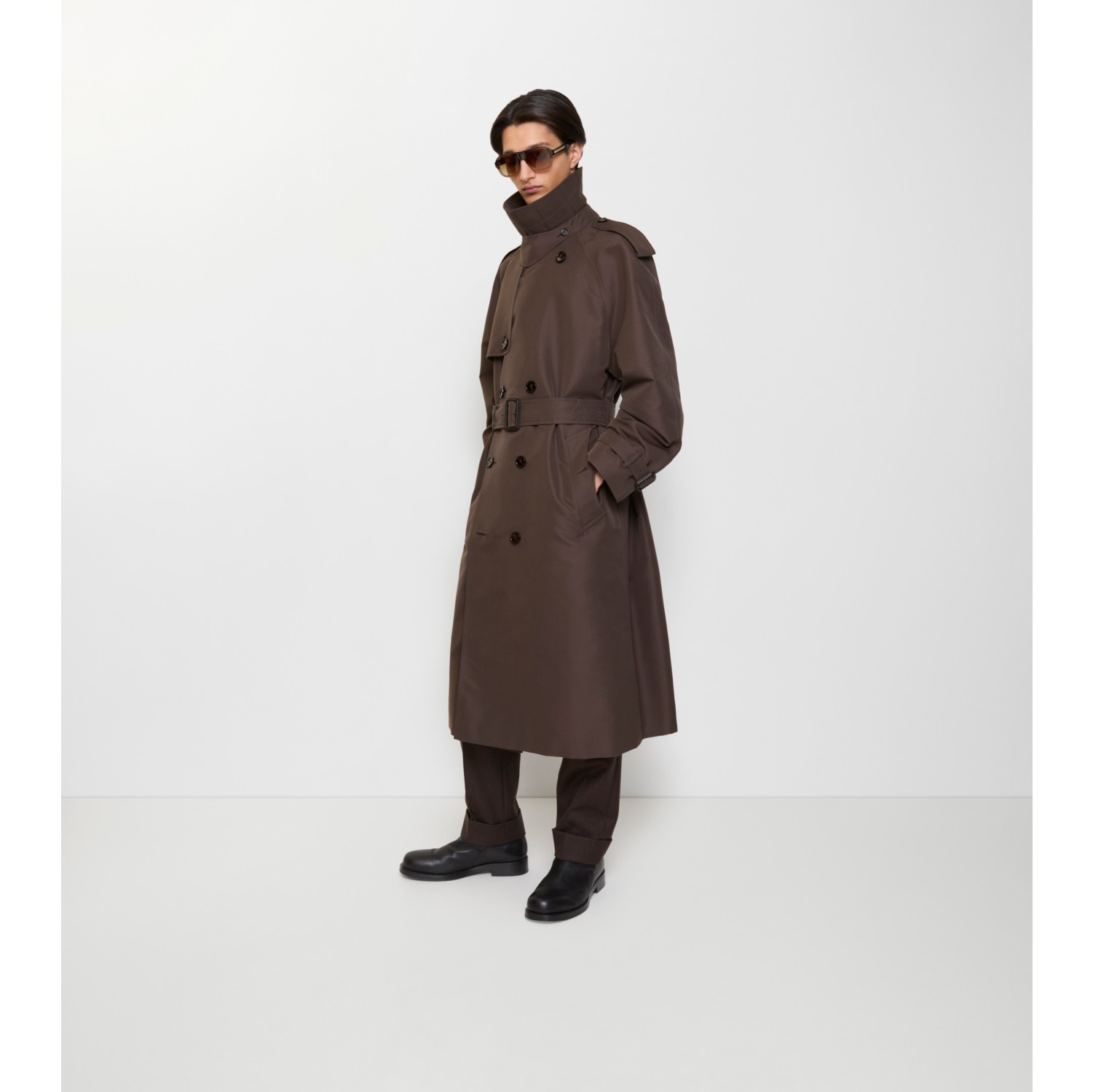 长款格纹衣领丝棉混纺 Trench 风衣