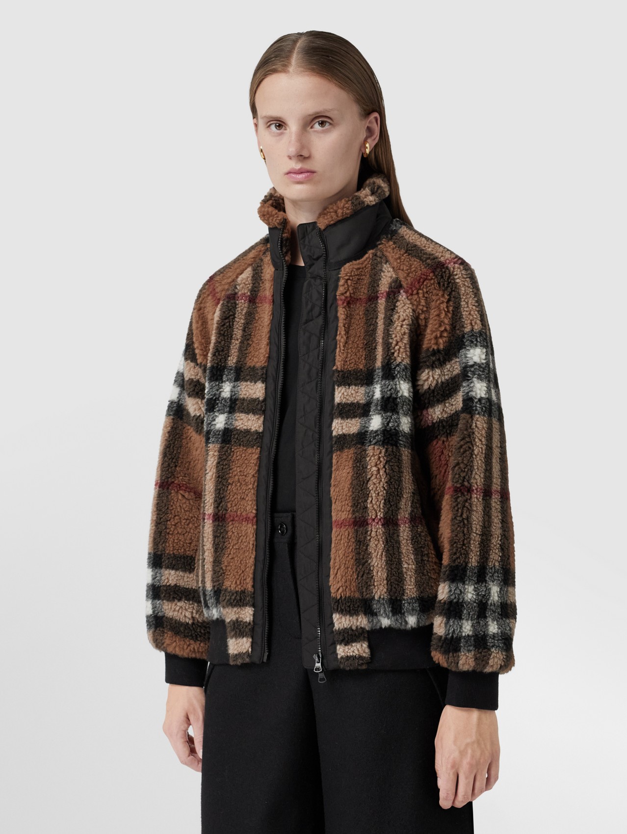 Check Wool Cashmere Blend Fleece Jacket in Birch Brown