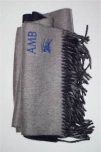 Burberry Grey Cashmere Scarf with Blue Embroidered detailing.