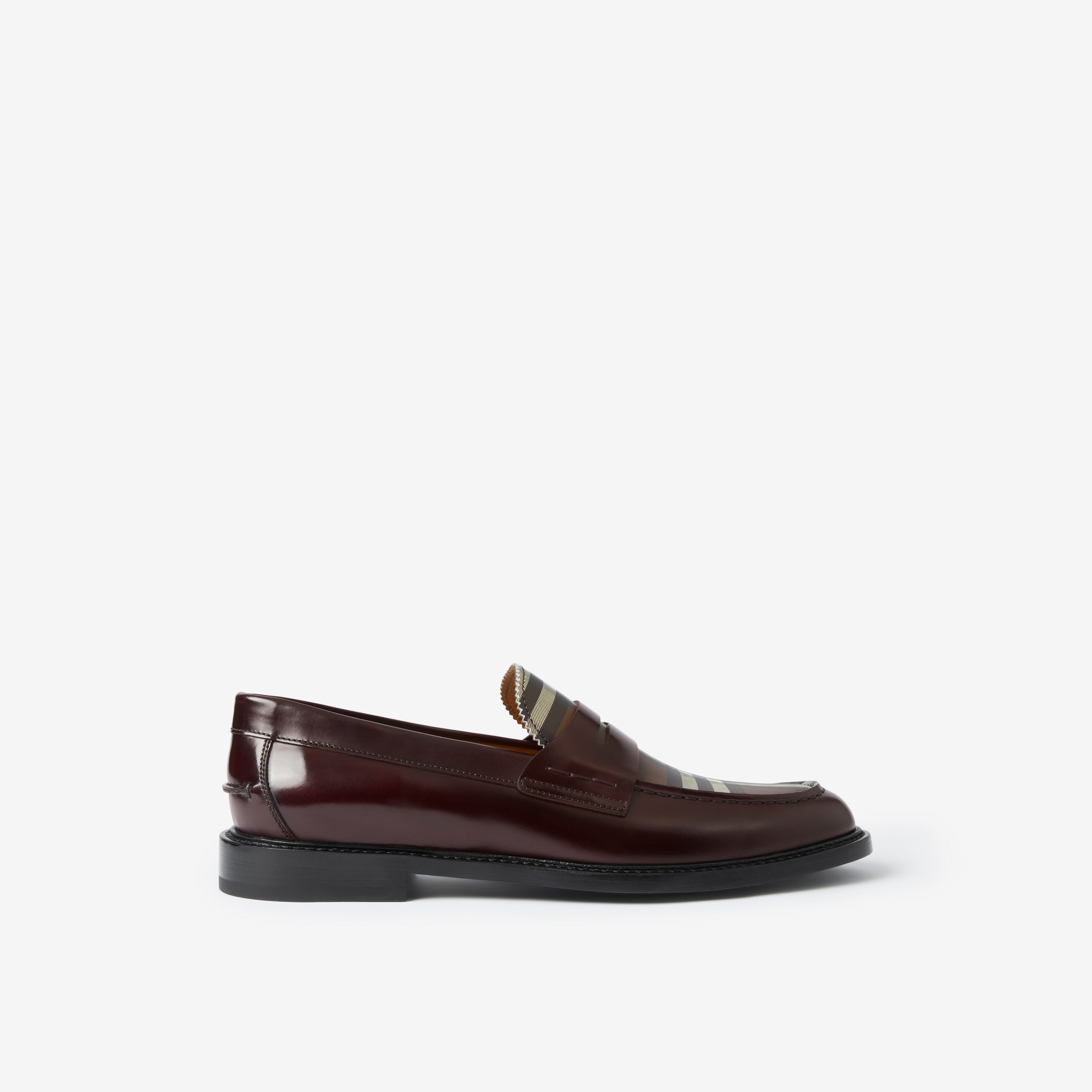 Check Panel Leather Penny Loafers in Bordeaux - Men | Burberry® Official - 1
