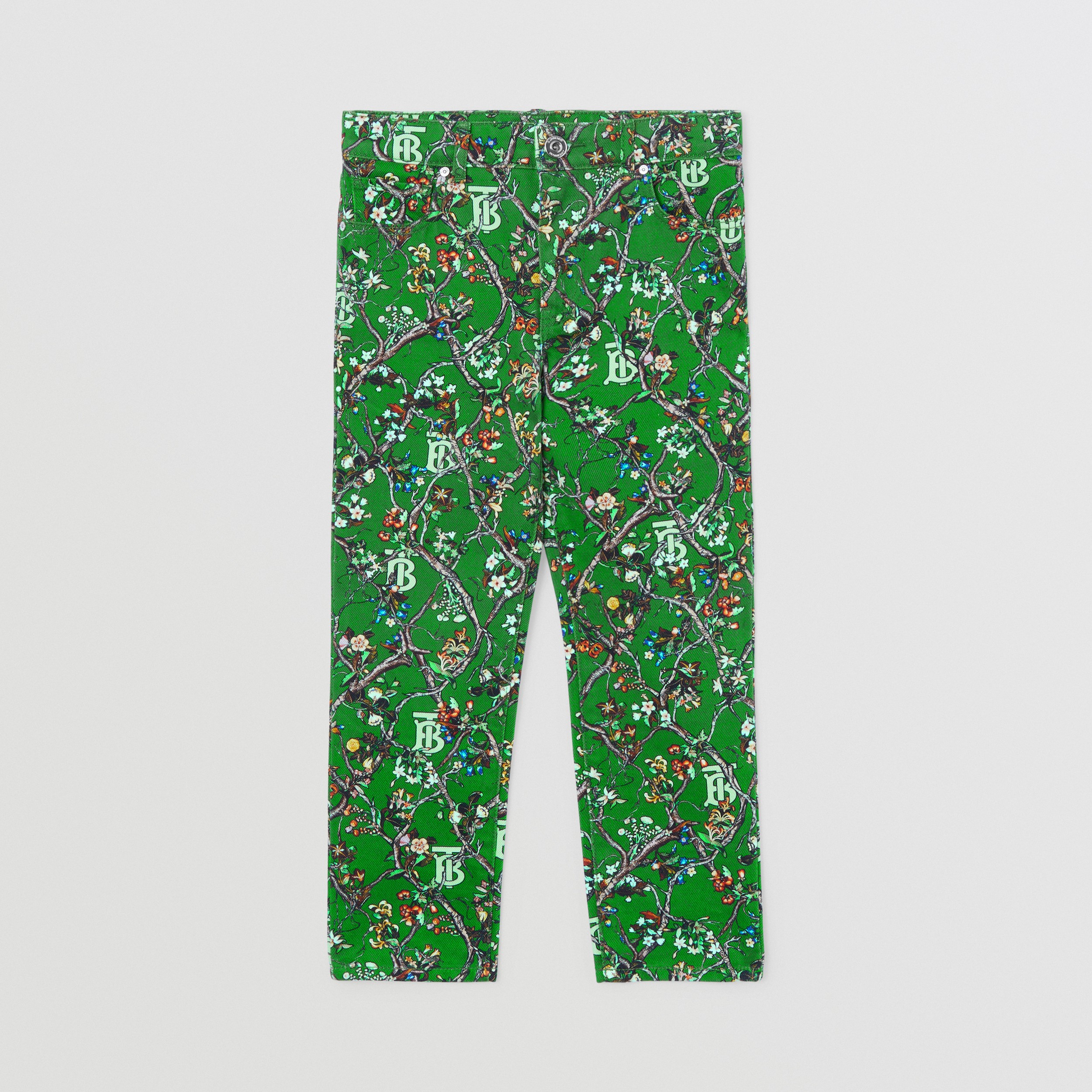 Calças de tecido jeans japonês com estampa de monograma (Verde Hera) - Crianças | Burberry® oficial - 1