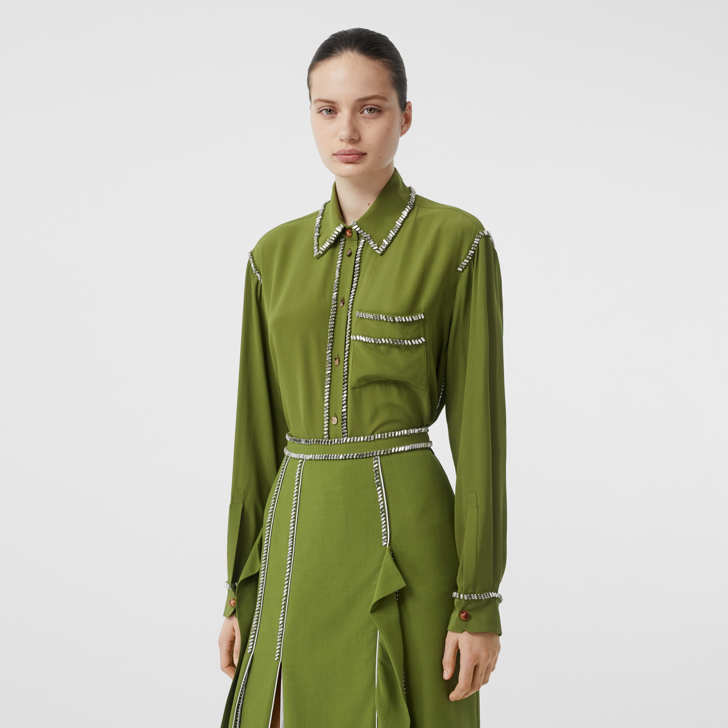 Embellished Silk Oversized Shirt in Cedar Green - Women | Burberry ...