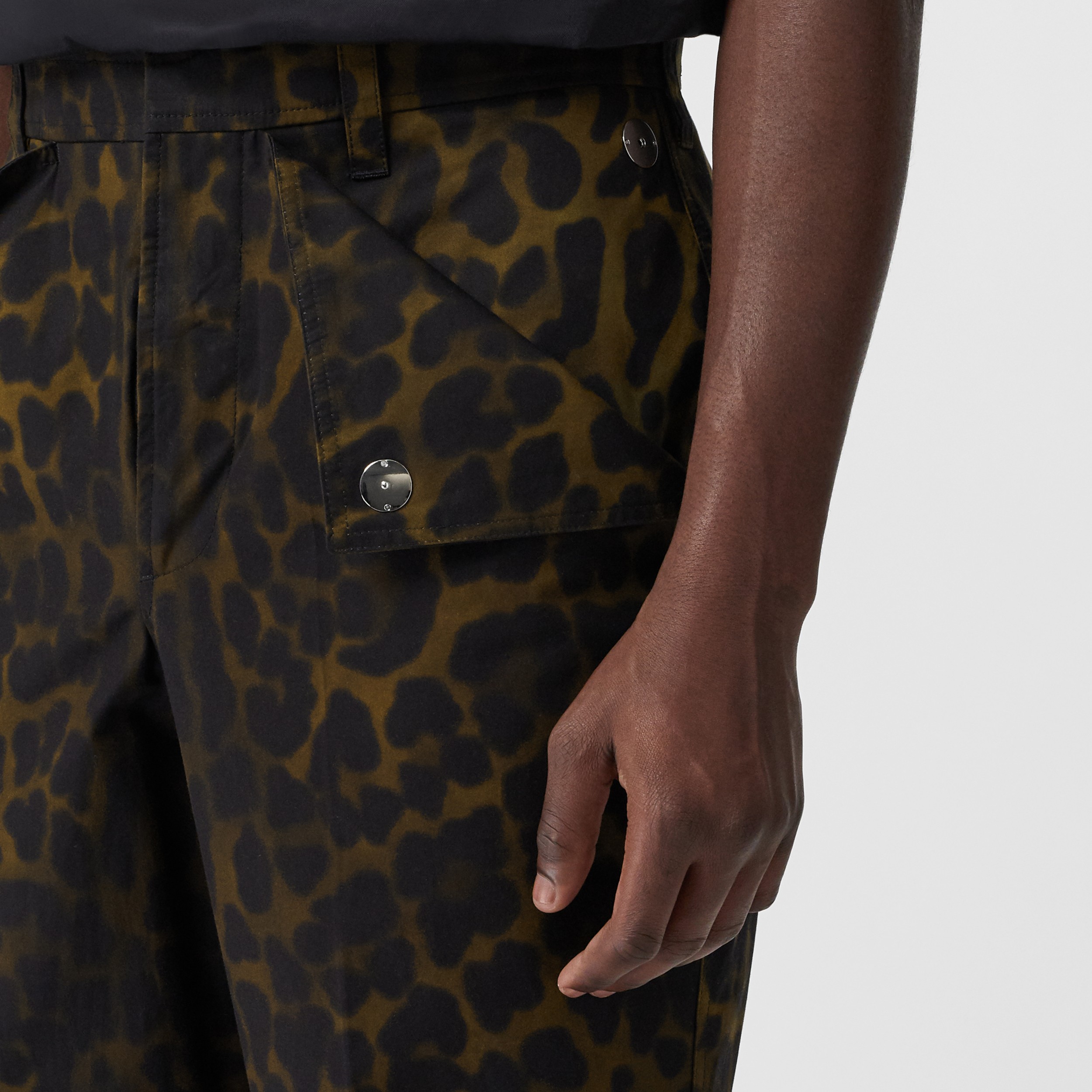 Relaxed Fit Leopard Print Cotton Trousers in Khaki Green - Men ...
