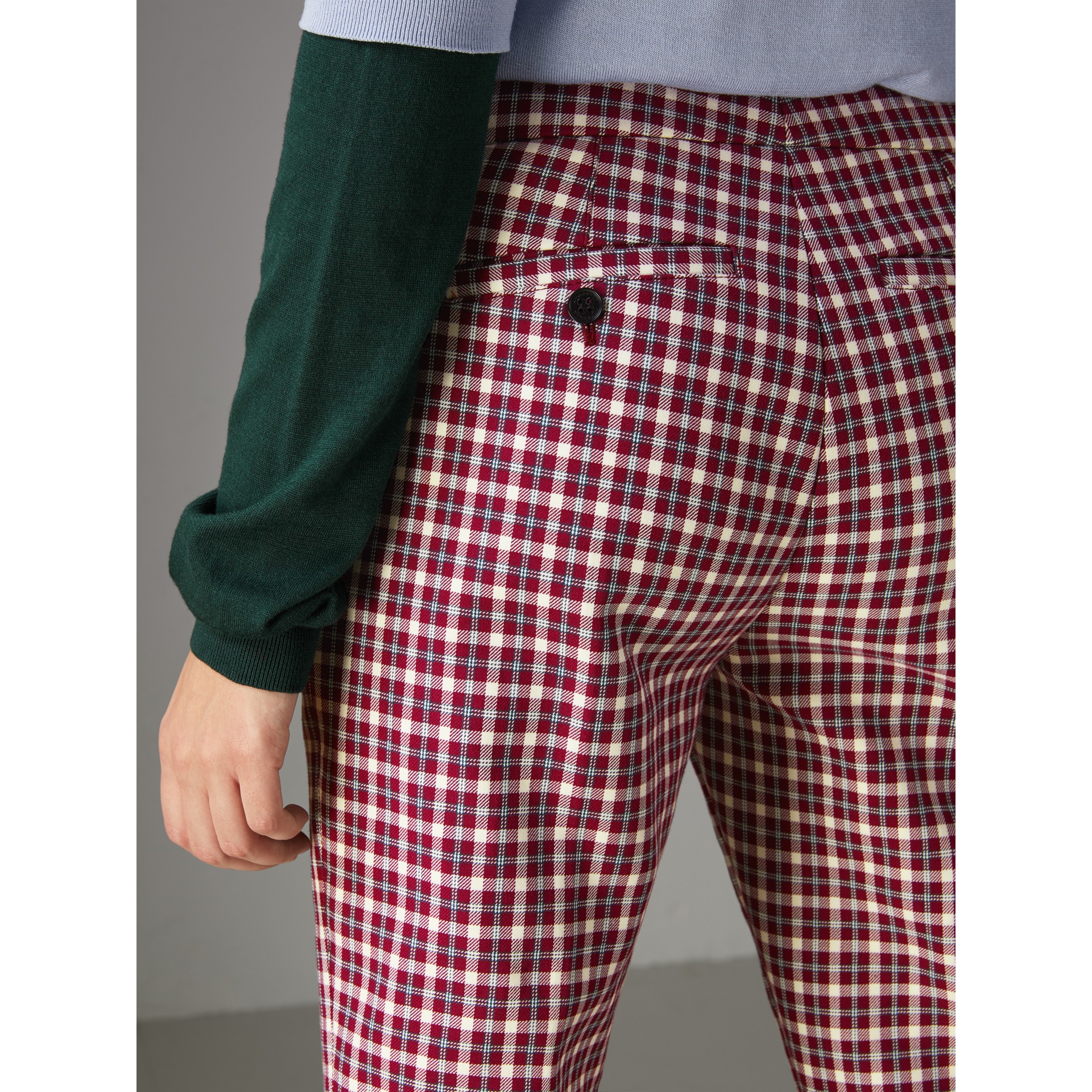 burgundy striped trousers
