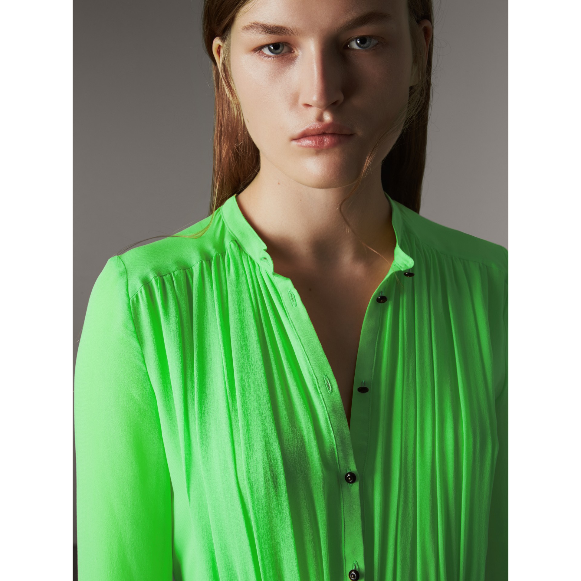 gathered silk georgette dress in neon green gathered silk georgette dress in neon green