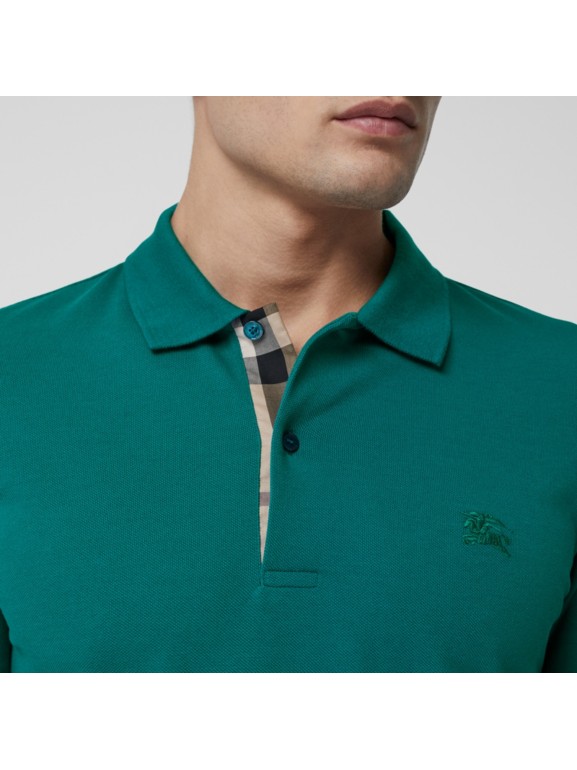 Check Placket Cotton Piqué Polo Shirt In Pine Green Men Burberry