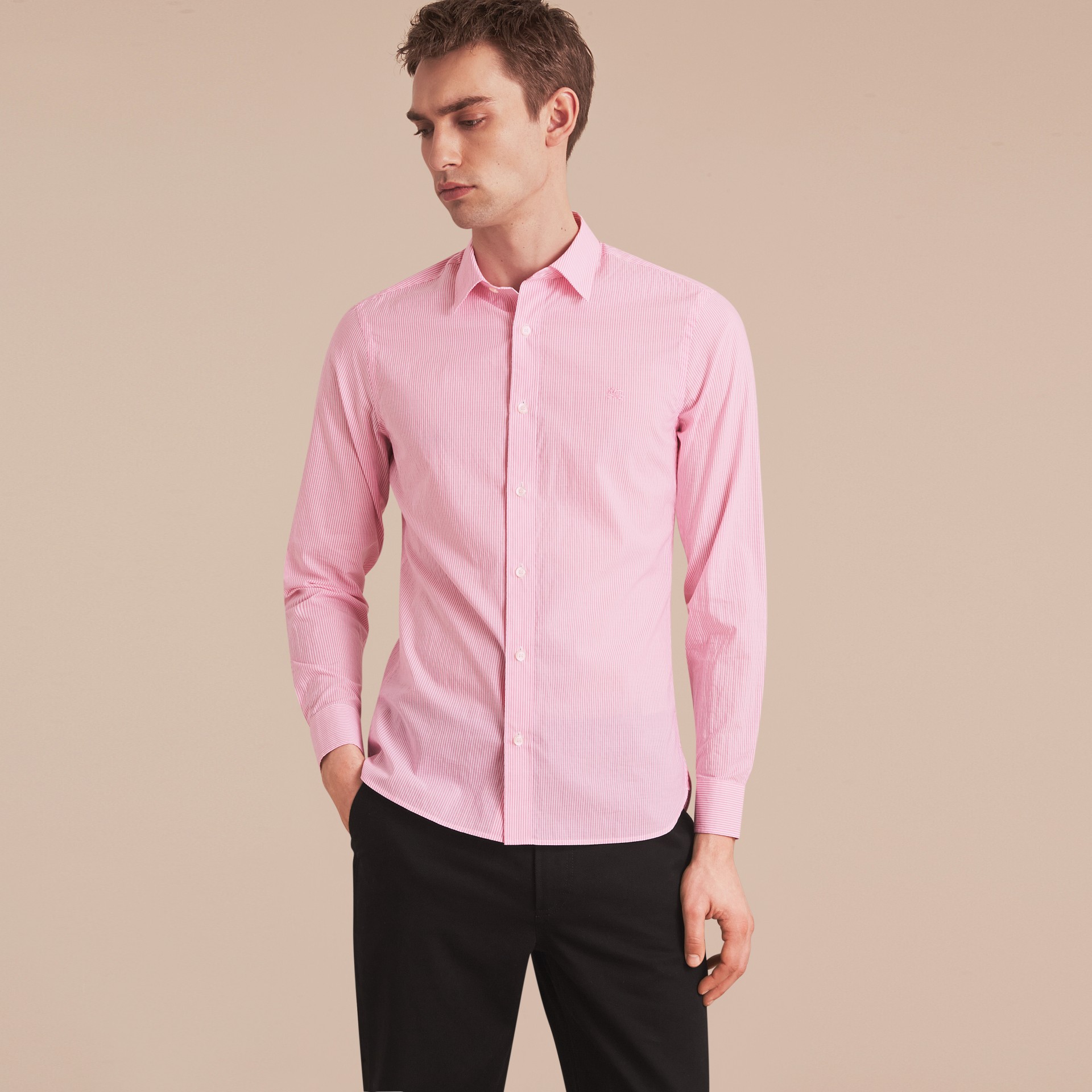 Striped Cotton Blend Shirt in Pale Pink - Men | Burberry Canada