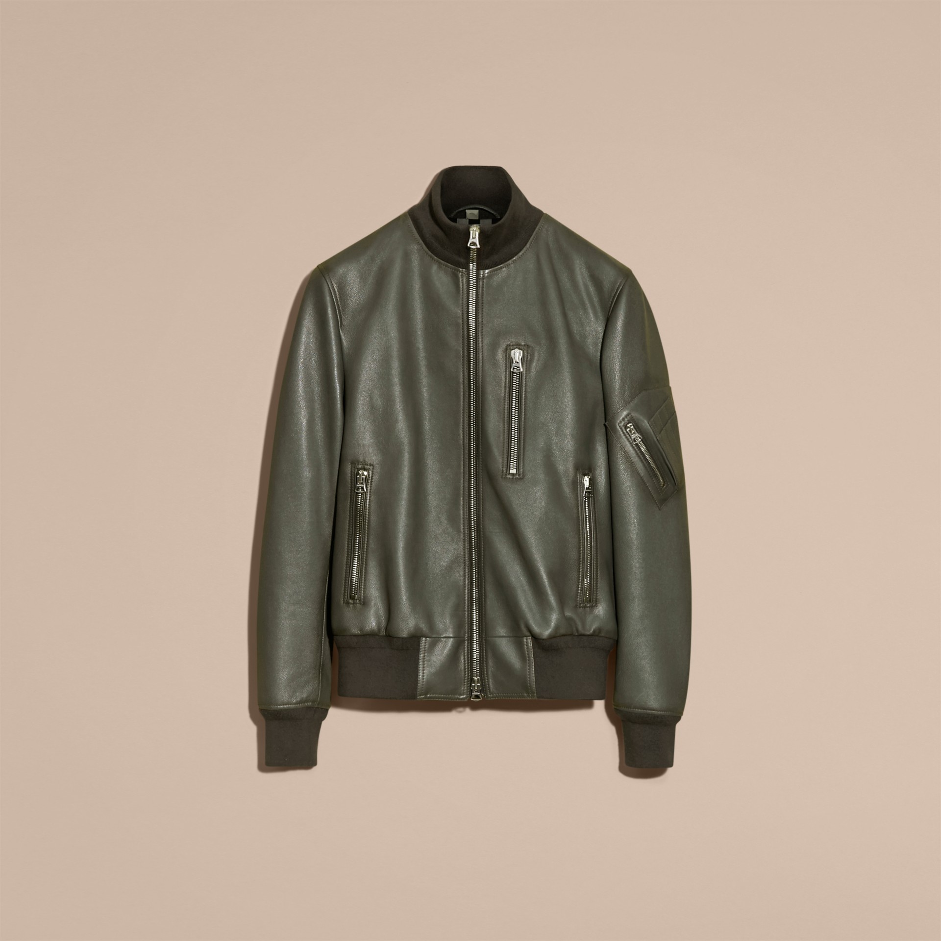 Leather Bomber Jacket with Stand Collar in Dark Steel Men Burberry