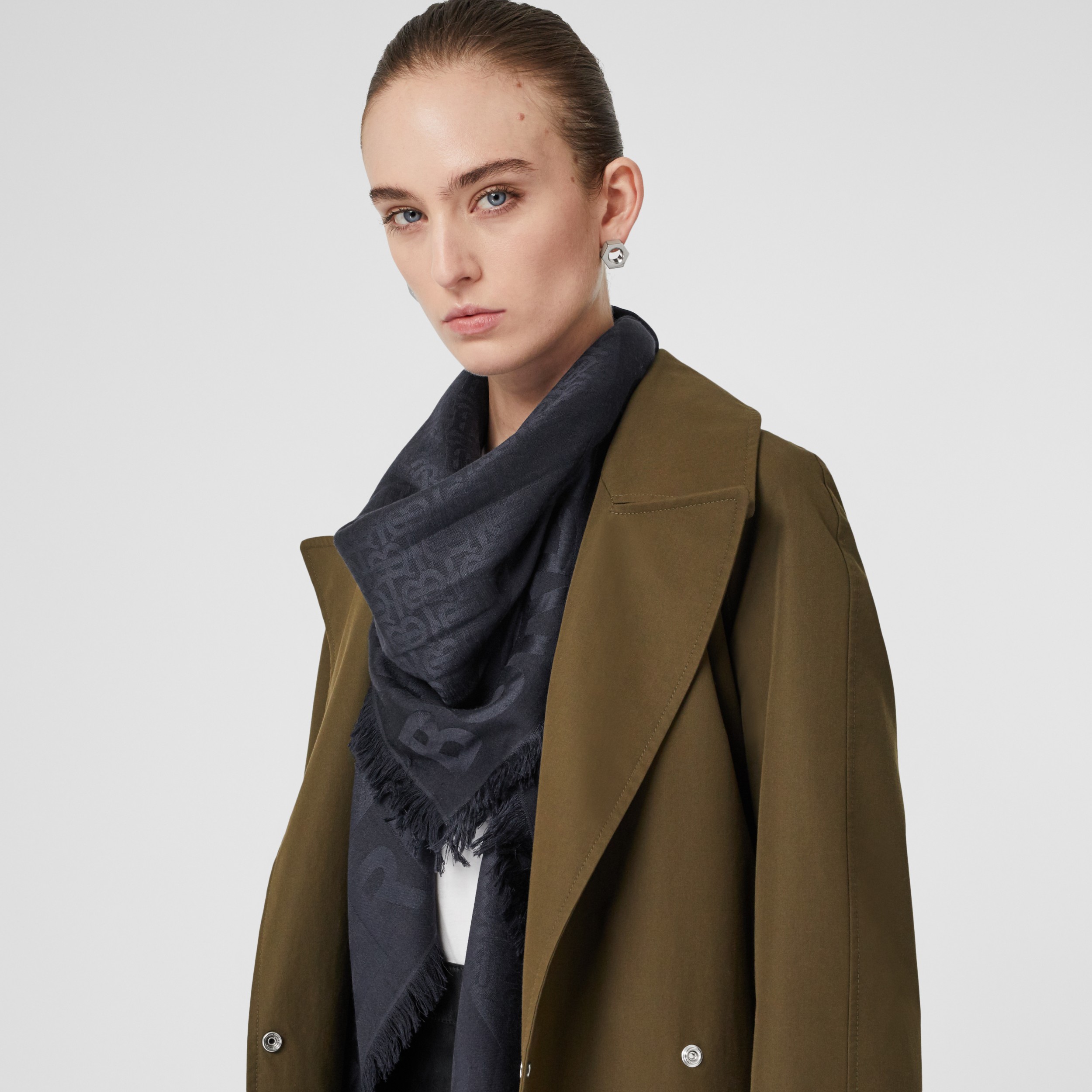 Monogram Silk Wool Jacquard Large Square Scarf in Navy | Burberry ...