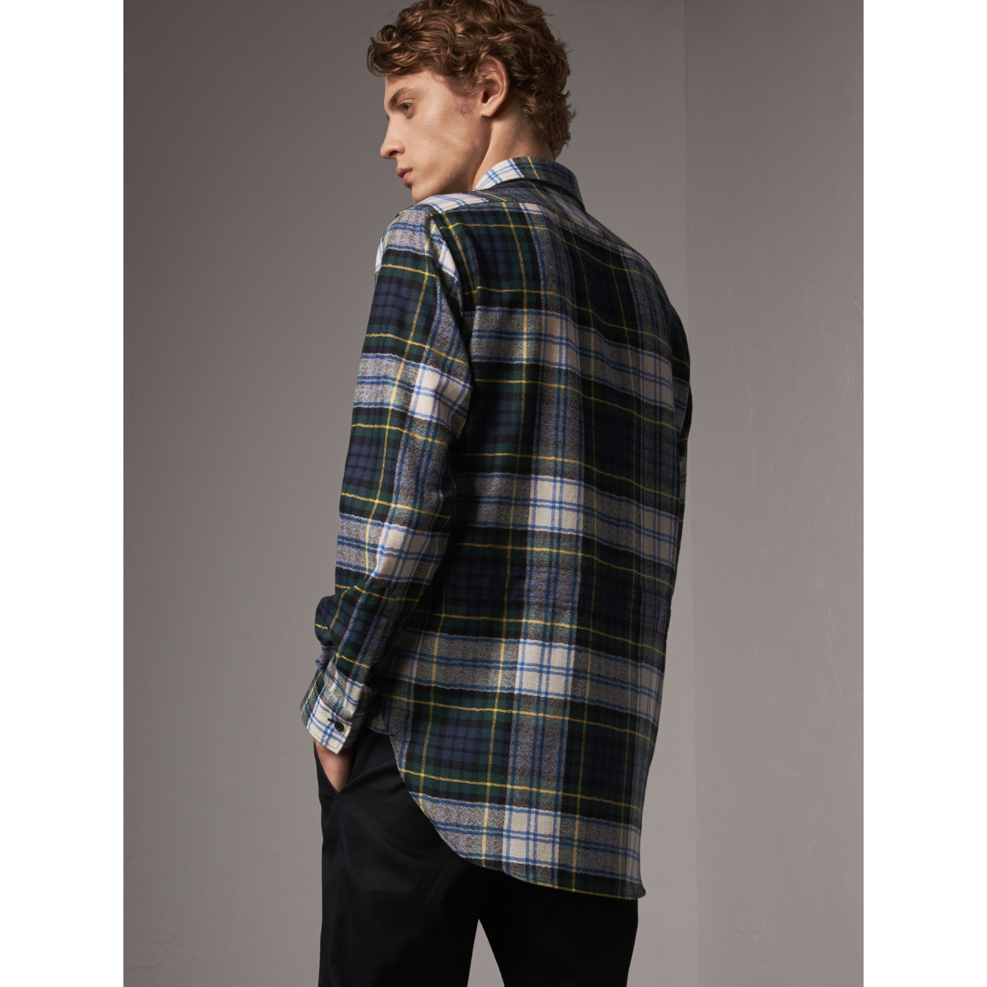 Tartan Wool Shirt in Ink Blue Men Burberry United States
