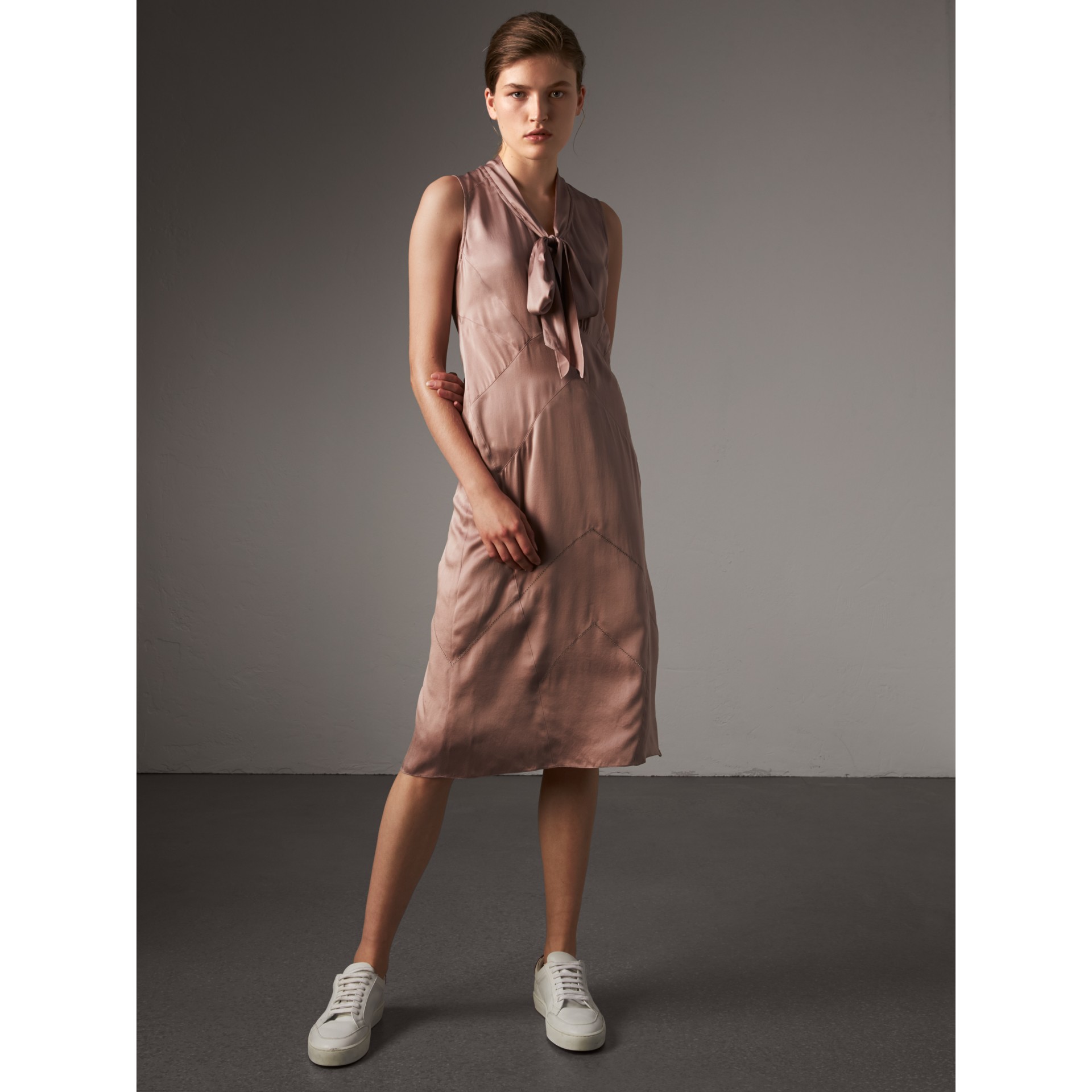 Silk Satin Tieneck Dress in Antique Taupe Pink Women Burberry