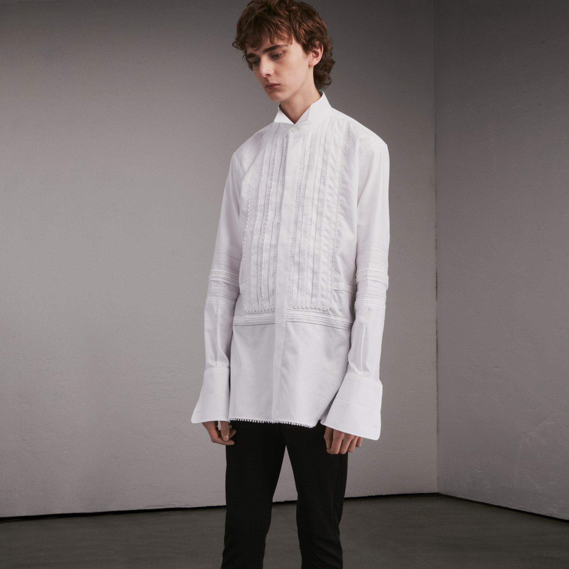 Cotton Evening Shirt with Pintucks and Macramé Trim in White - Men ...