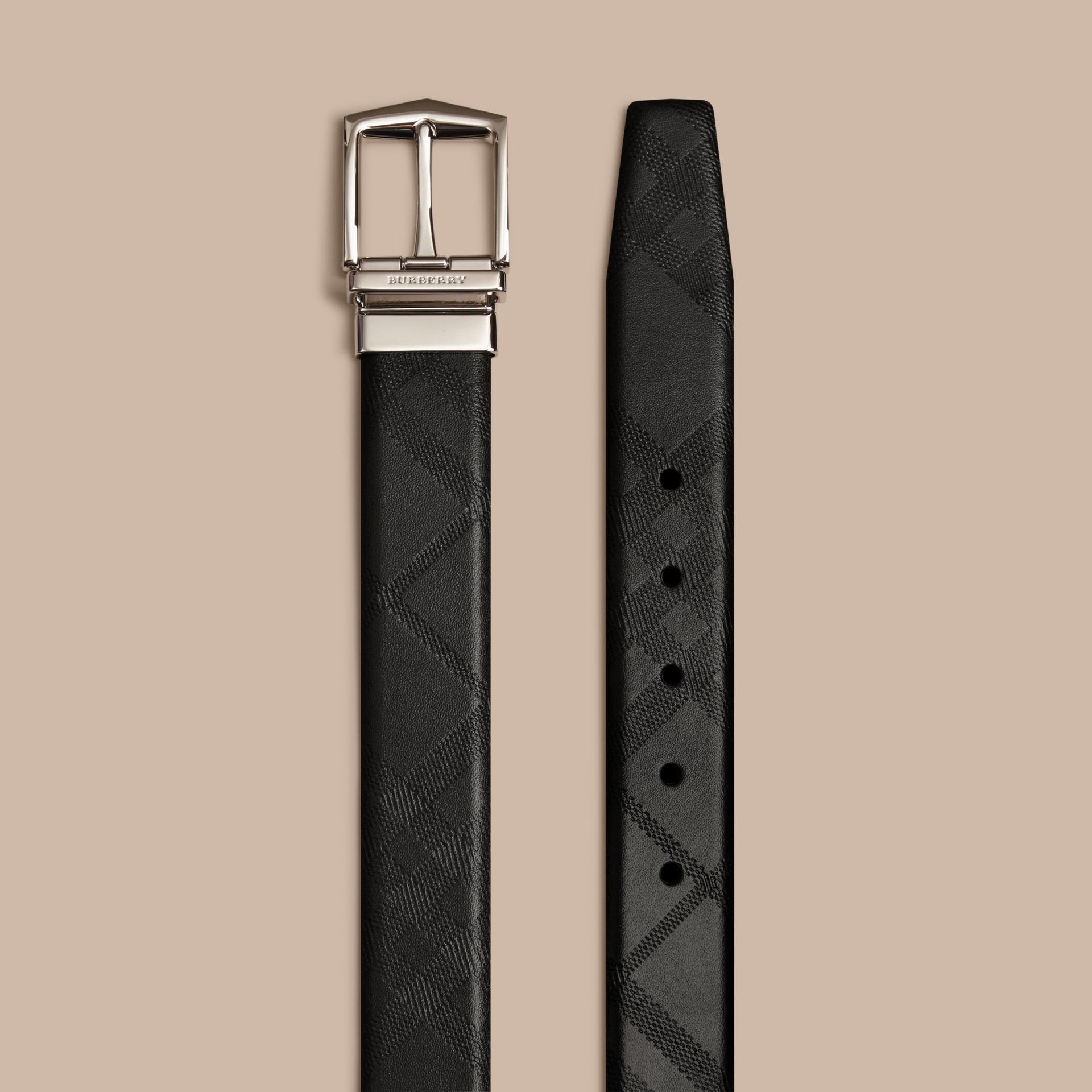Reversible Embossed Check Leather Belt in Black Men Burberry