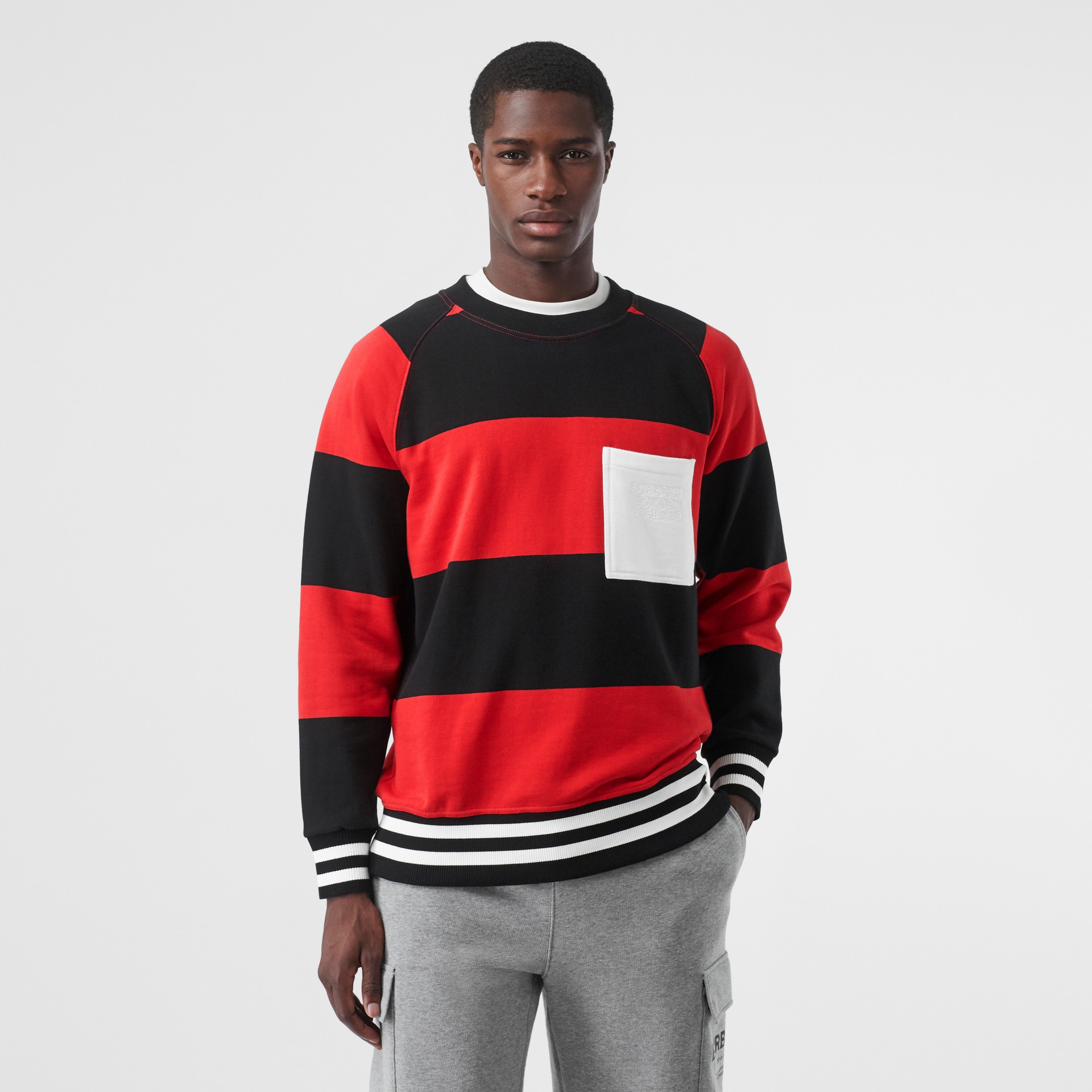 Rugby Stripe Cotton Sweatshirt in Bright Red - Men | Burberry United States