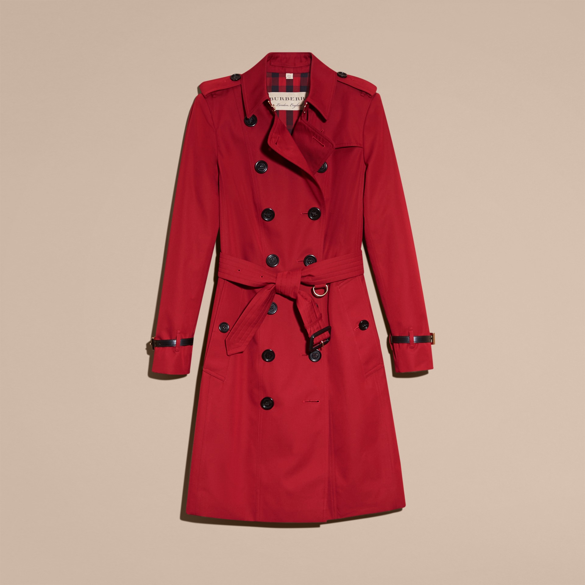Leather Trim Cotton Gabardine Trench Coat in Parade Red - Women | Burberry