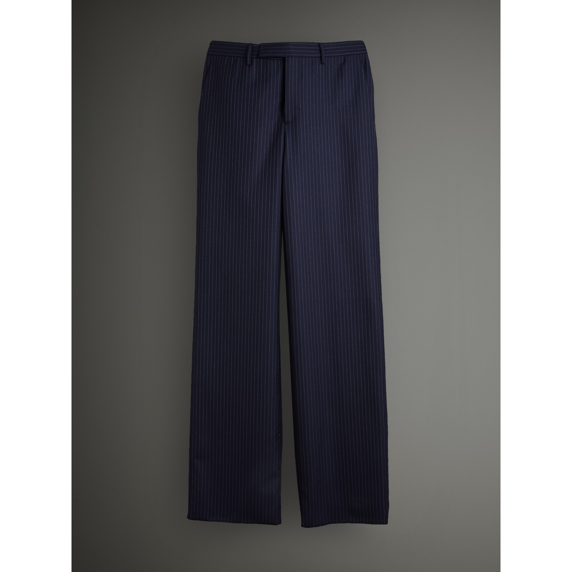 navy pinstripe wide leg trousers