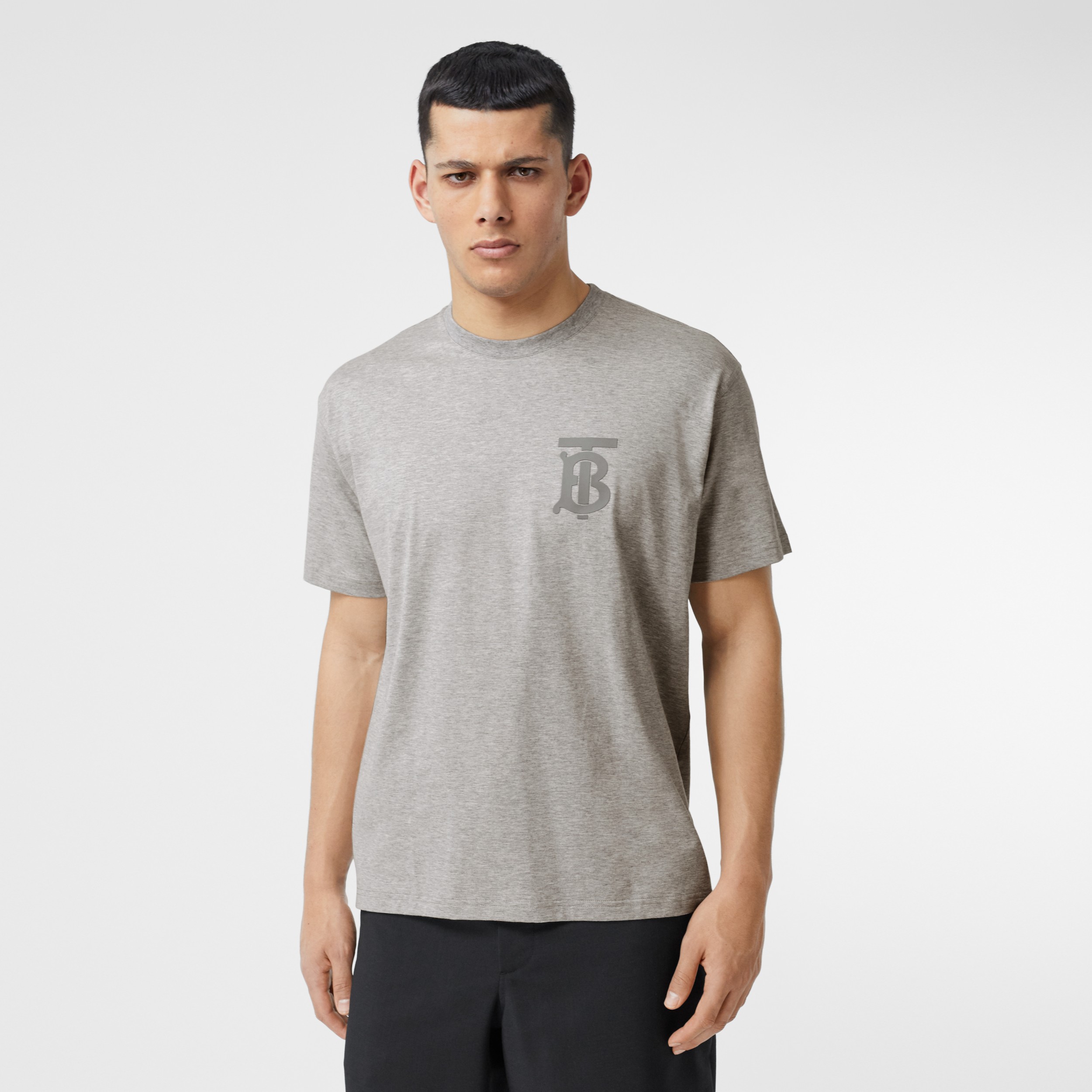 Monogram Motif Cotton Oversized T-shirt in Pale Grey Melange - Men ...