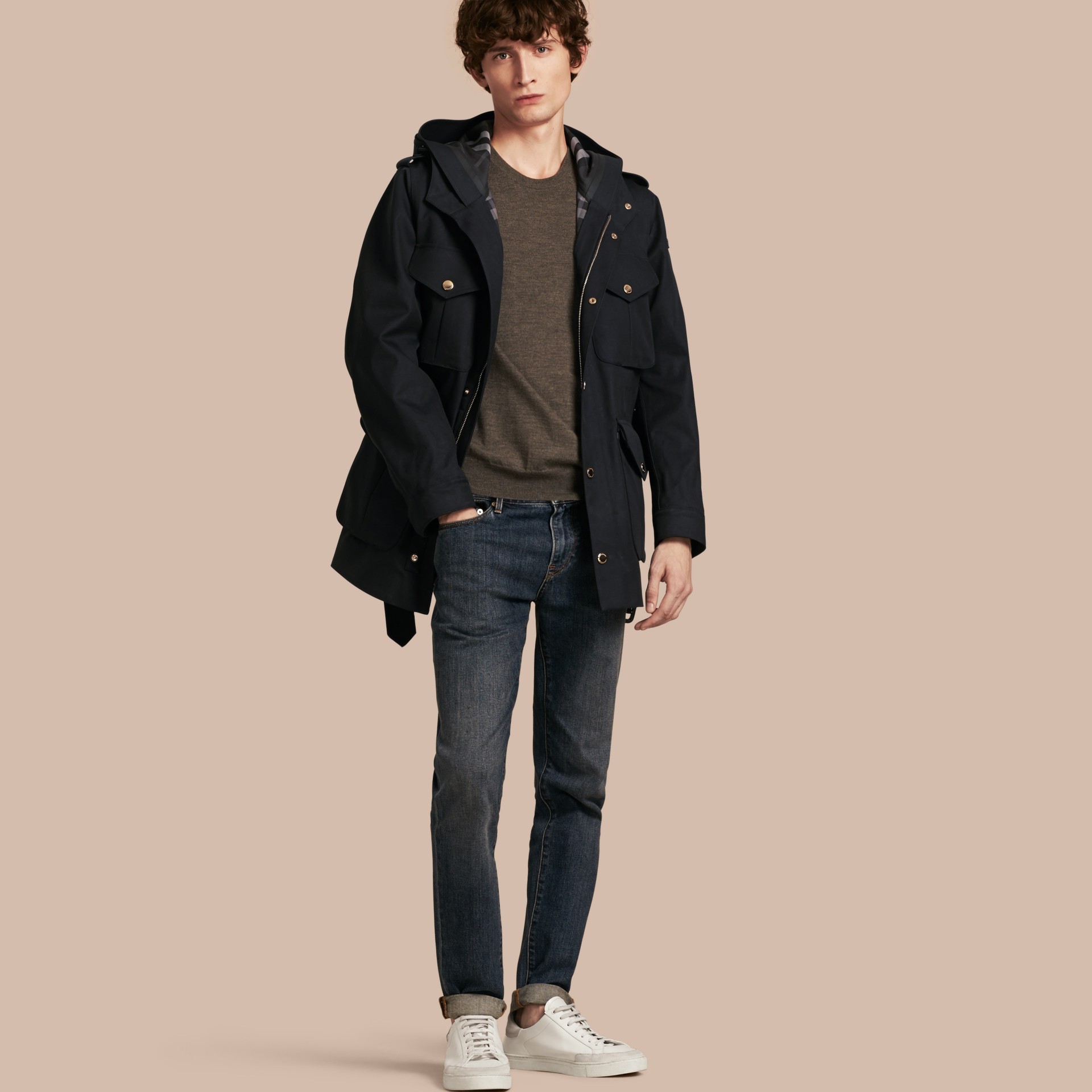 Hooded Bonded Cotton Field Jacket in Navy Burberry United States