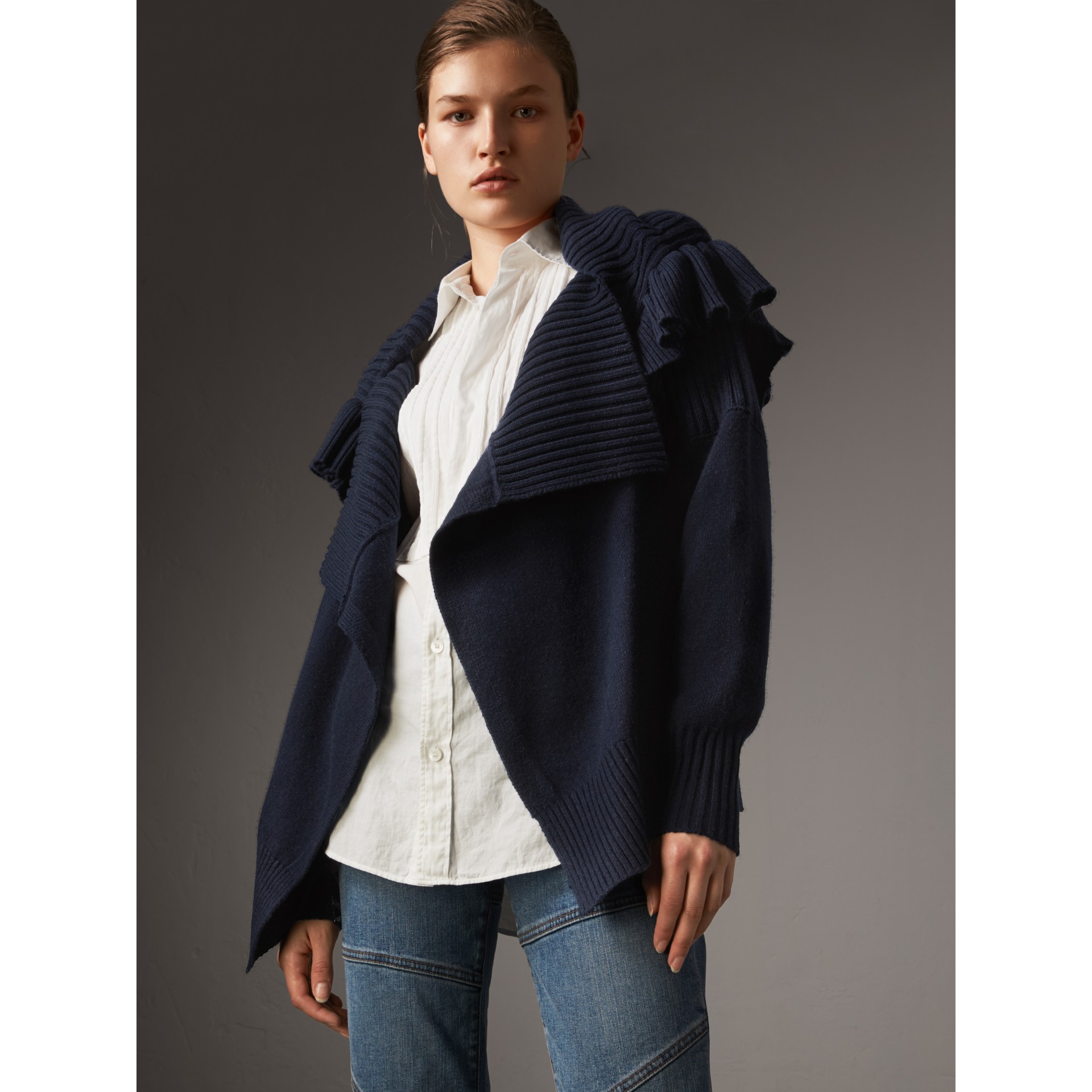 Ruffle Detail Wool Cashmere Cardigan in Navy Women Burberry United States
