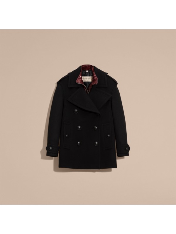 Wool Cashmere Pea Coat with Detachable Warmer in Black Women Burberry United States