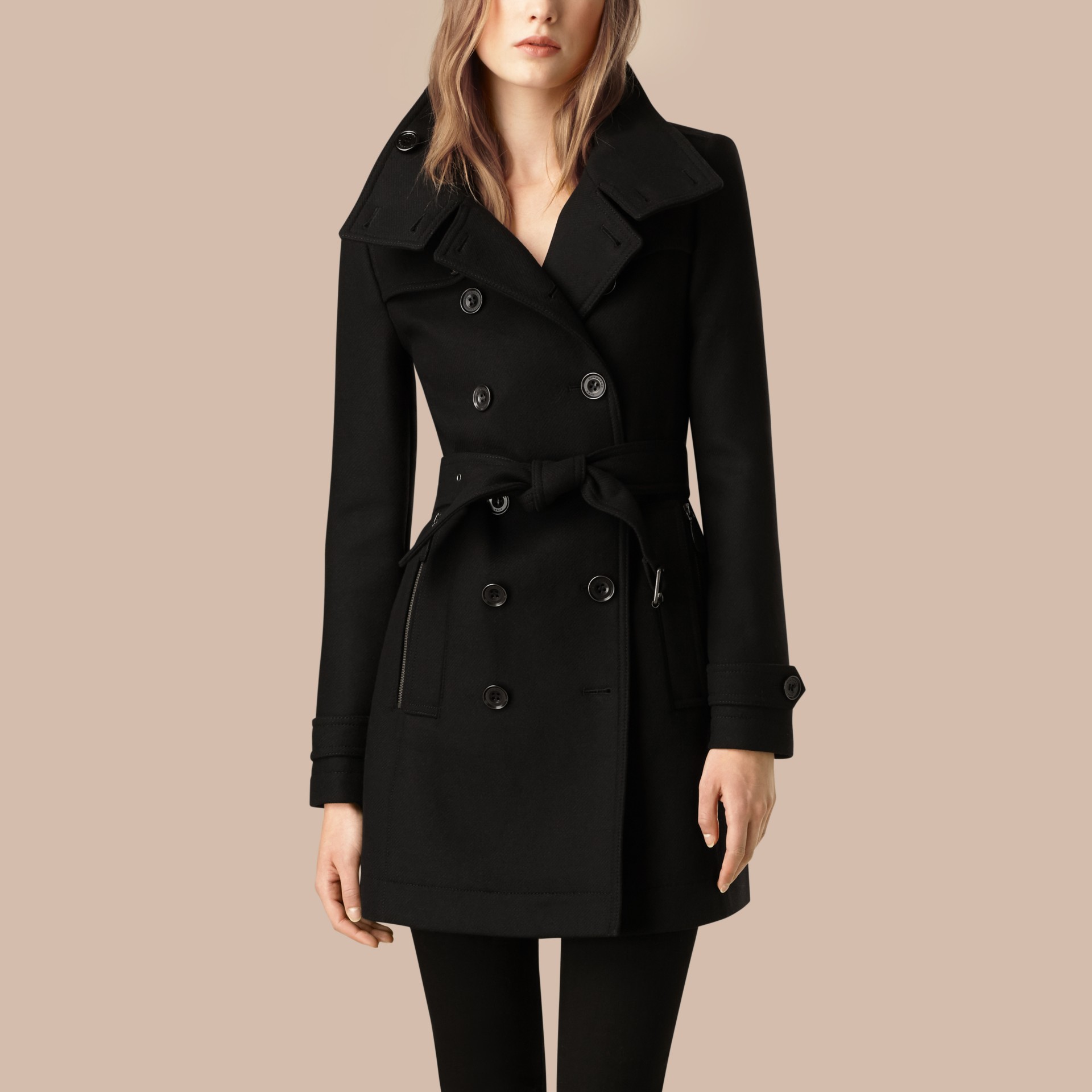 Short Double Wool Twill Trench Coat in Black - Women | Burberry United ...