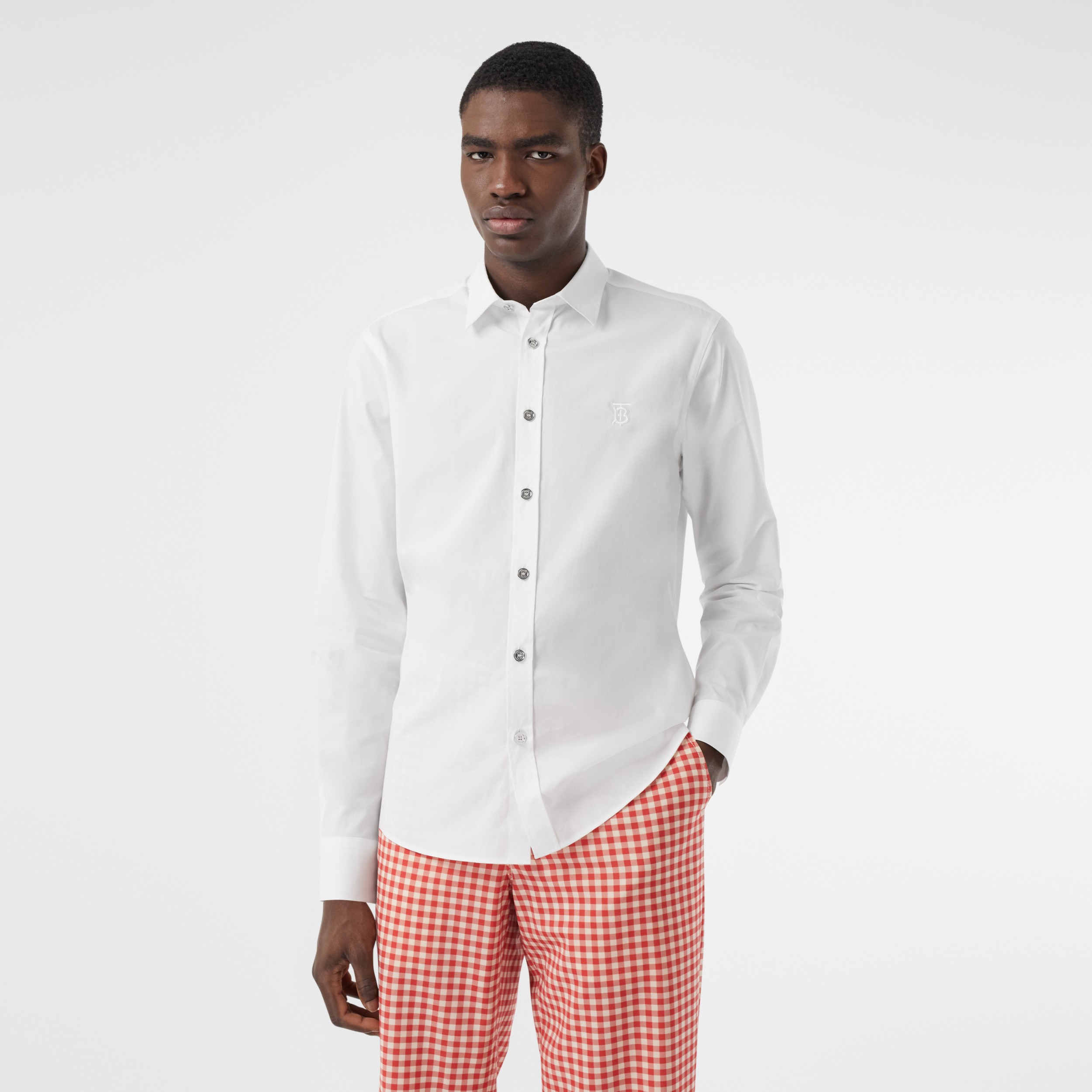 Monogram Motif Stretch Cotton Poplin Shirt in White - Men | Burberry ...
