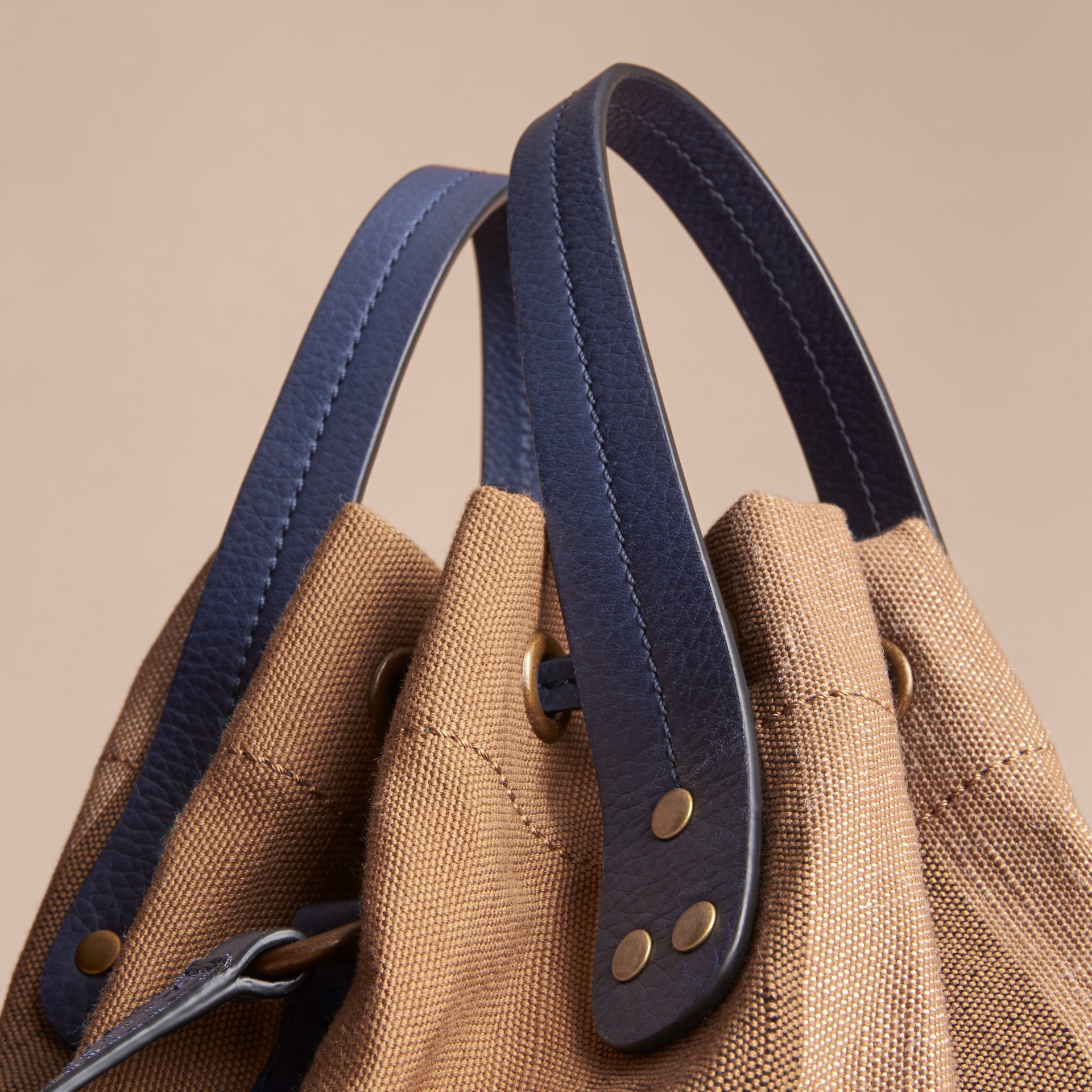 Small Canvas Check and Leather Bucket Bag in Brilliant Navy - Women | Burberry United States
