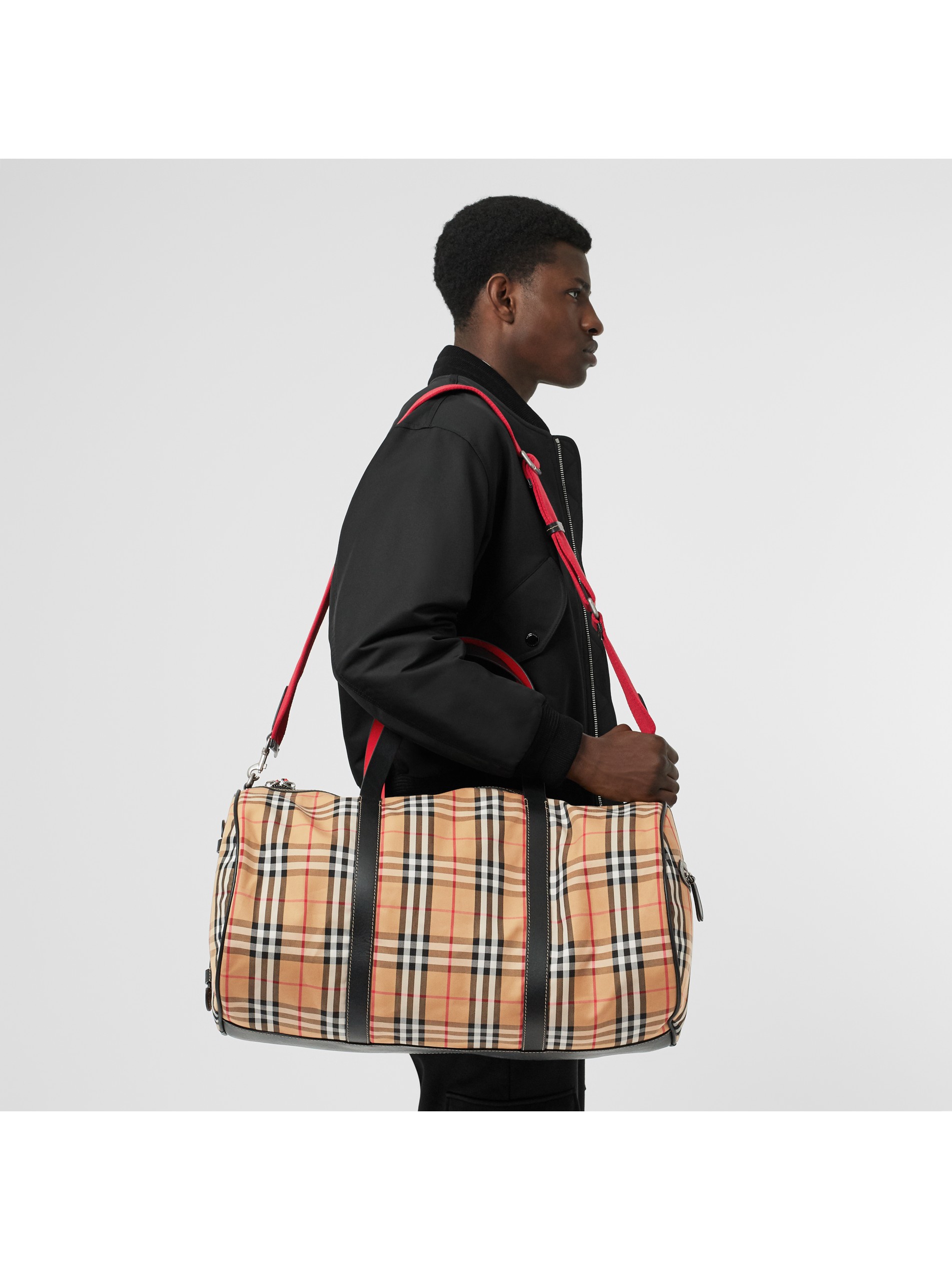 large vintage check and leather barrel bag image51