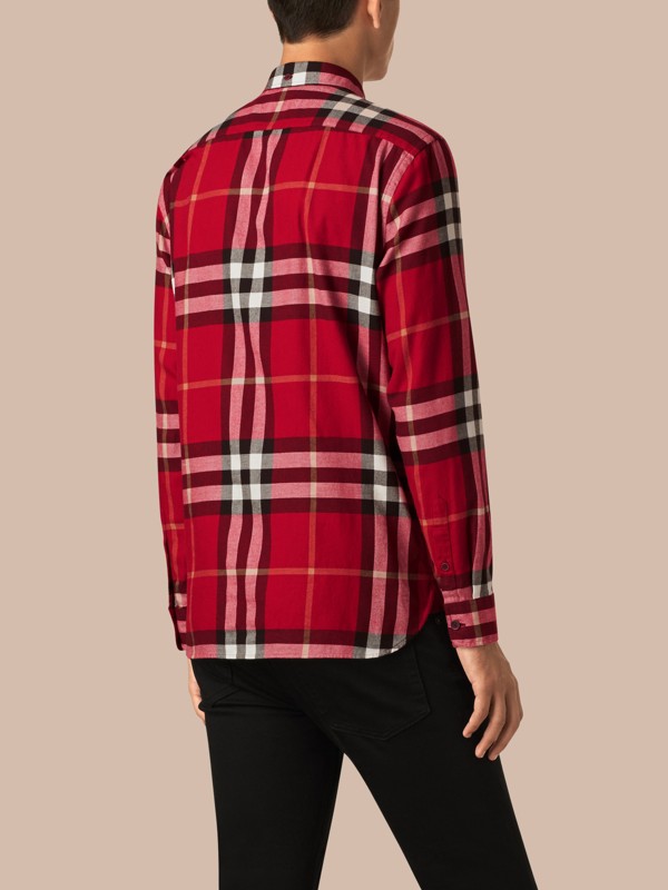 Check Cotton Flannel Shirt in Parade Red - Men | Burberry United States