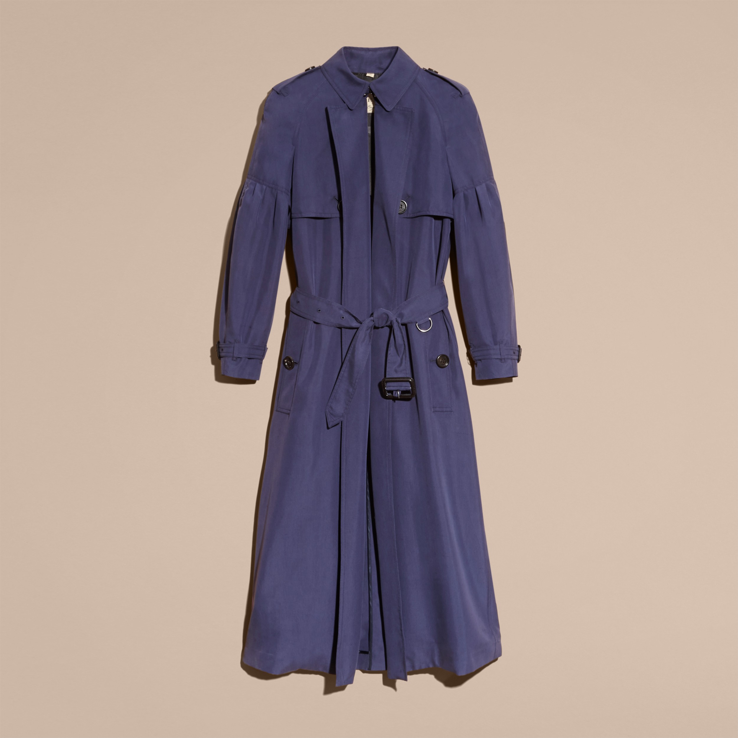 Oversize Silk Trench Coat with Puff Sleeves in Navy - Women | Burberry ...