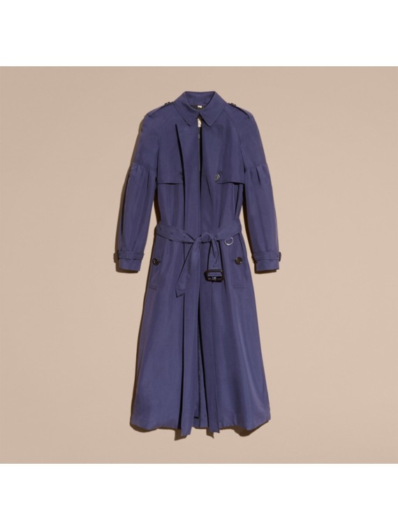 Oversize Silk Trench Coat with Puff Sleeves in Navy Burberry