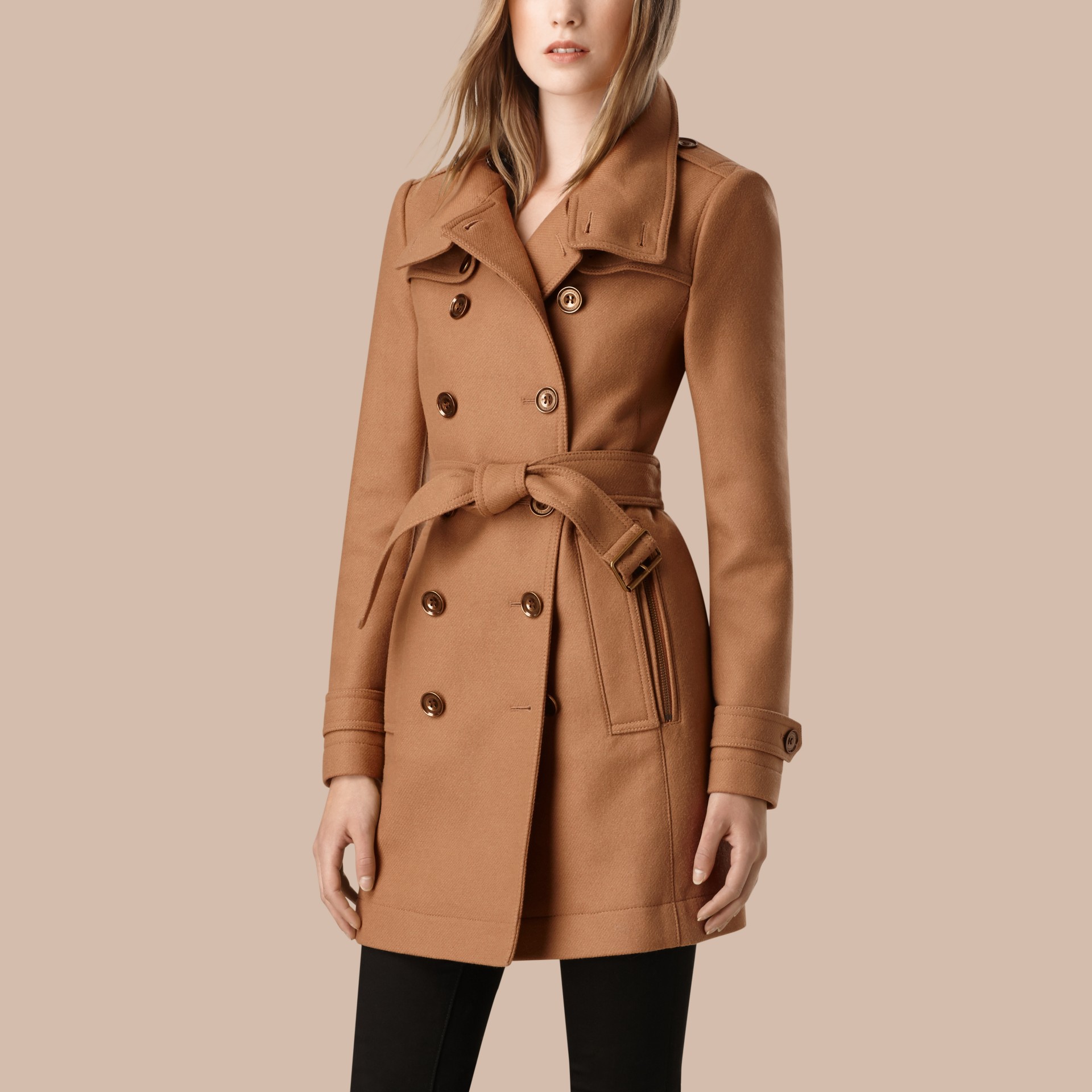 Short Double Wool Twill Trench Coat In Camel Women Burberry United States 