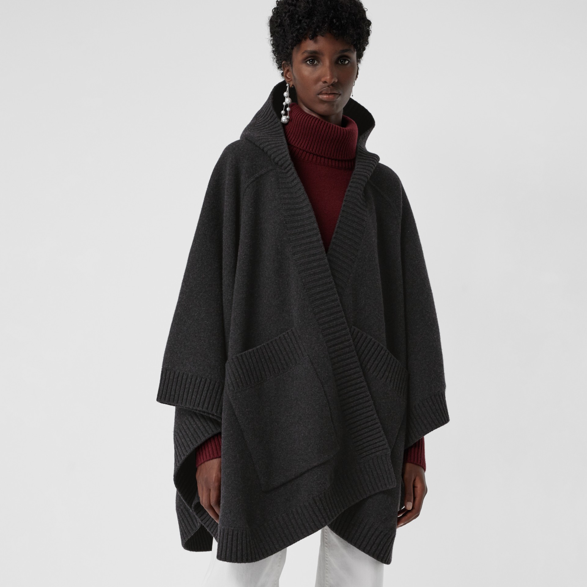 Crest Wool Blend Jacquard Hooded Cape in Charcoal - Women | Burberry ...