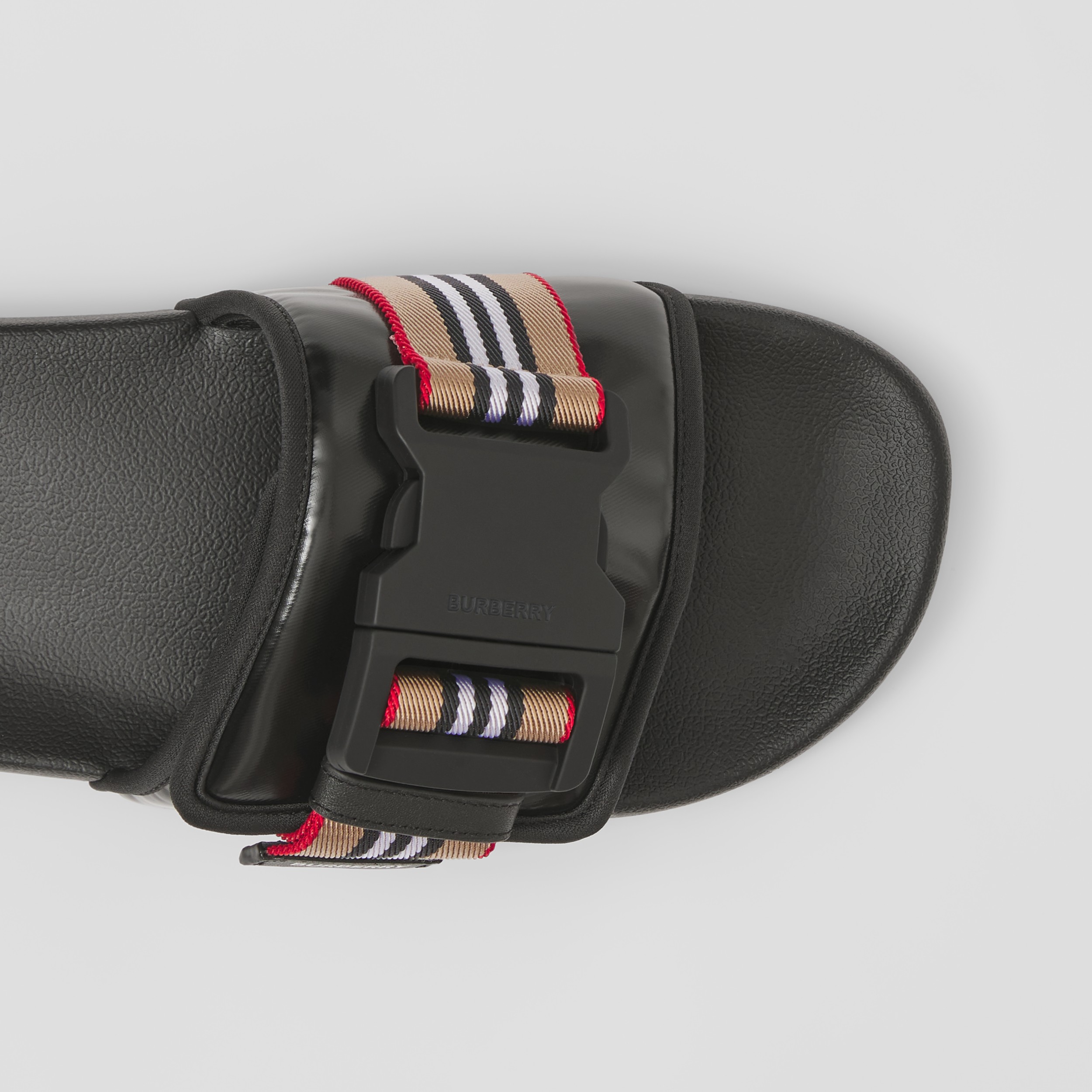 Icon Stripe Trim Coated Canvas Slides in Black - Men | Burberry® Official