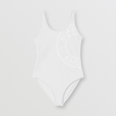 Logo Graphic Stretch Nylon Swimsuit in White - Women | Burberry® Official