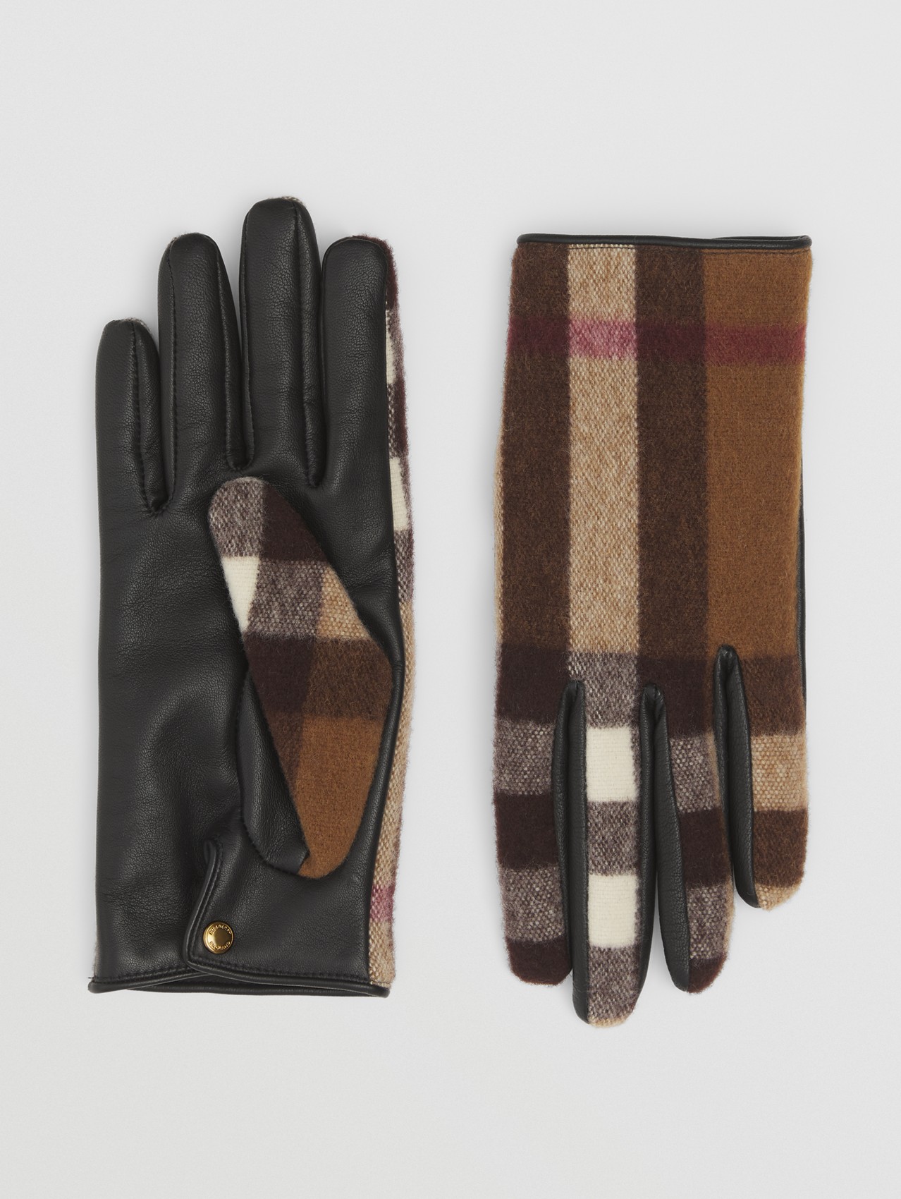 Check Wool and Lambskin Gloves in Birch Brown