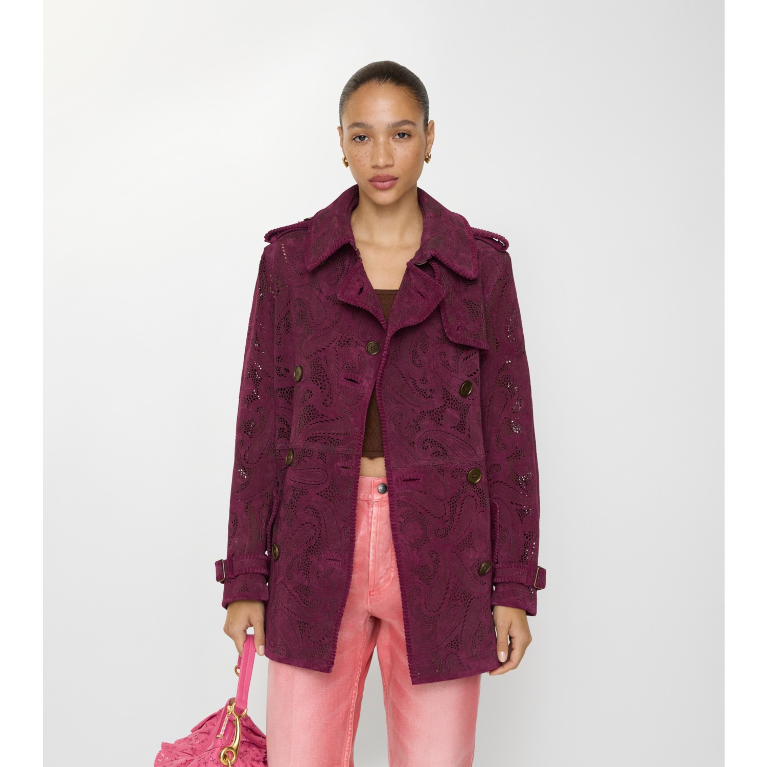Short Paisley Suede Foxfield Trench Coat in Allium purple - Women, Leather | Burberry® Official