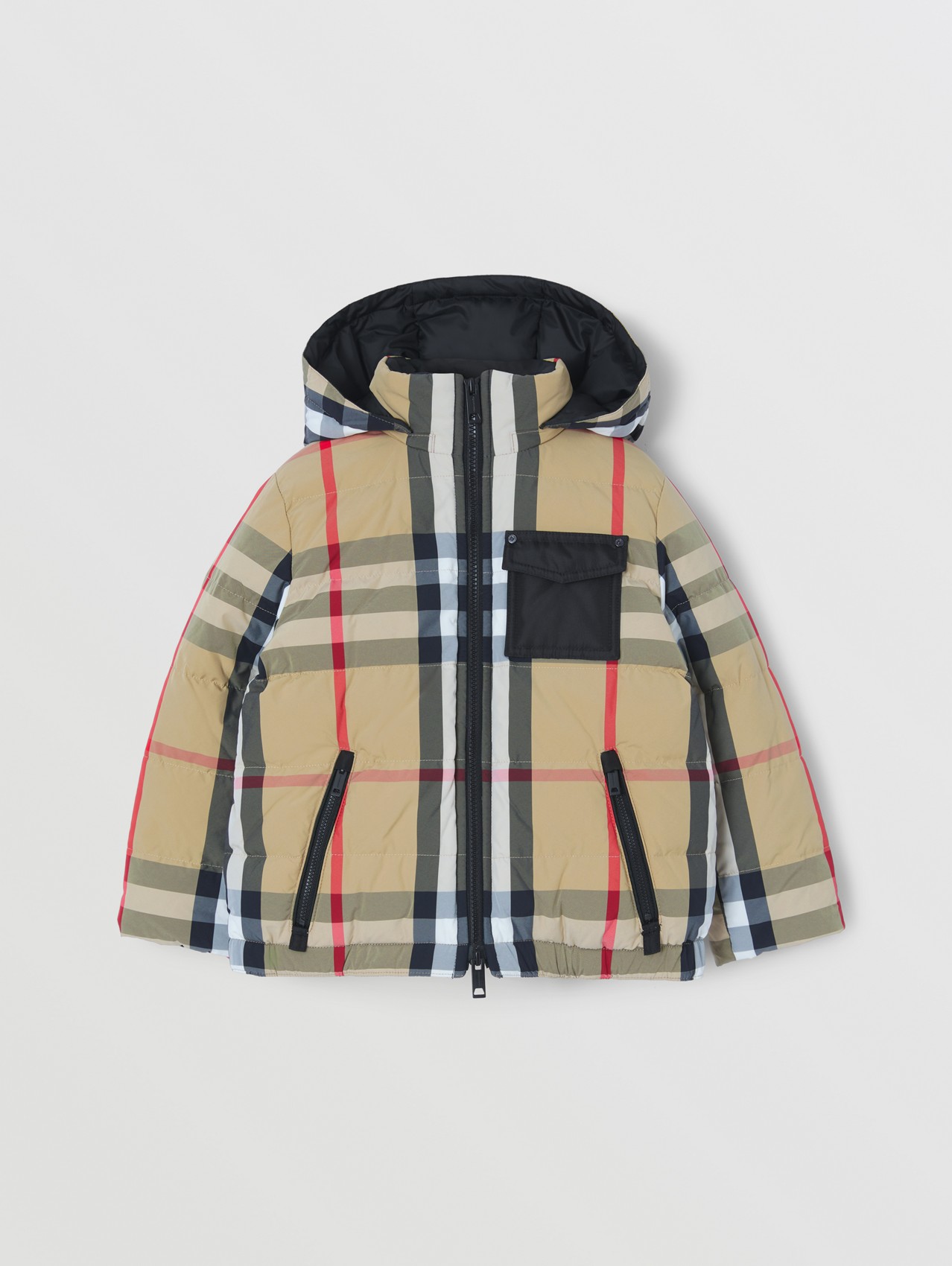 Reversible Check Recycled Nylon Puffer Coat in Archive Beige