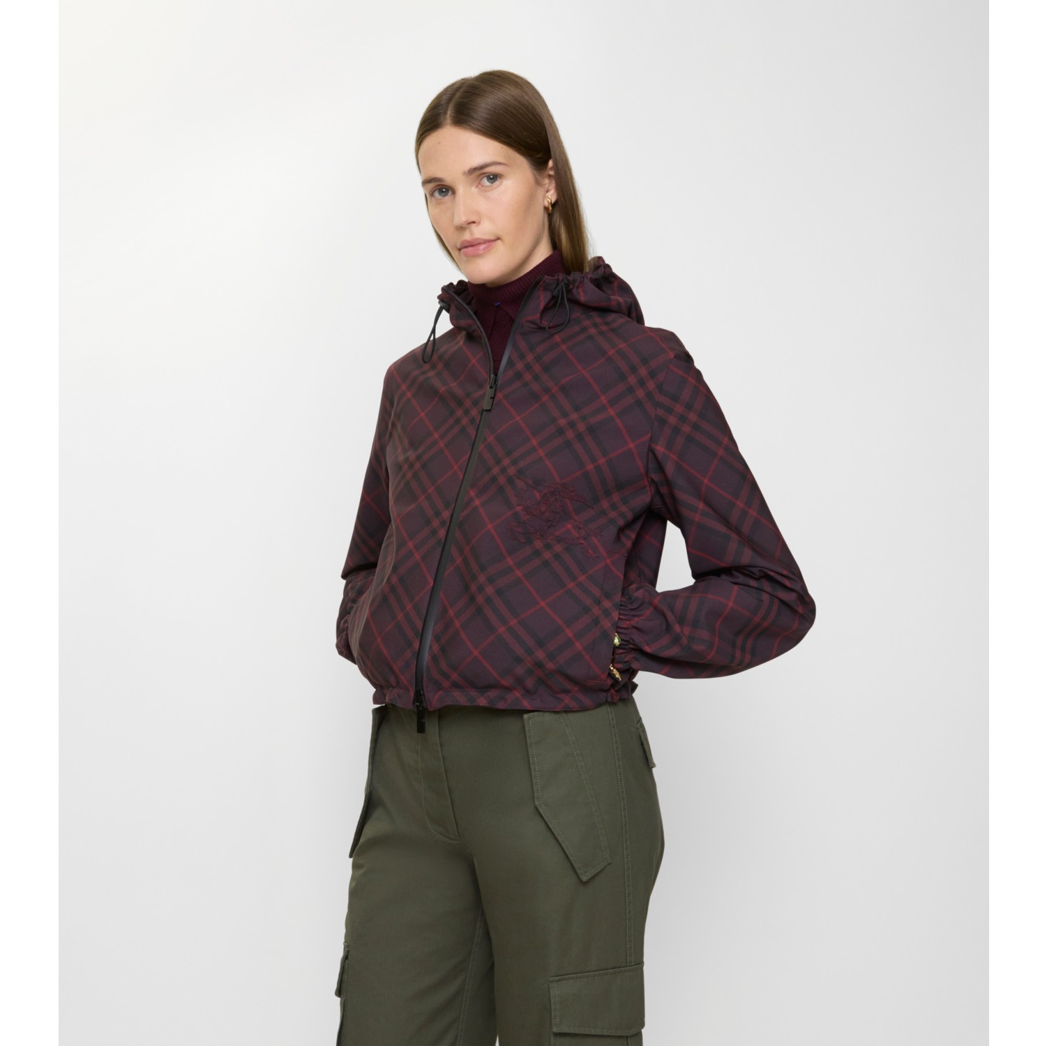 Cropped Reversible Check Hooded Jacket