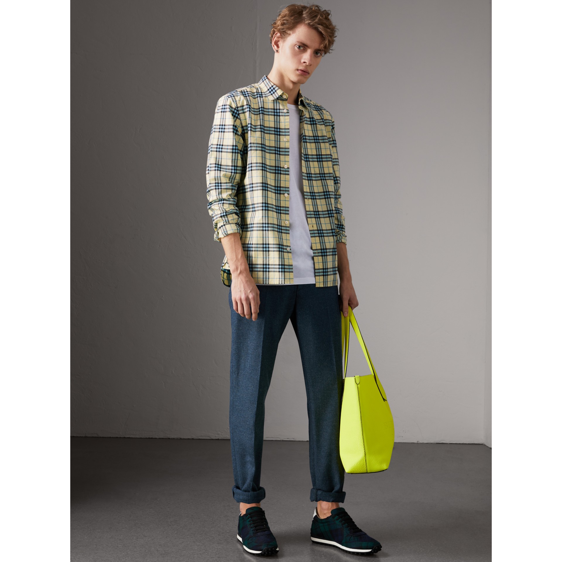 Check Cotton Shirt in Chalk Yellow Men Burberry United States