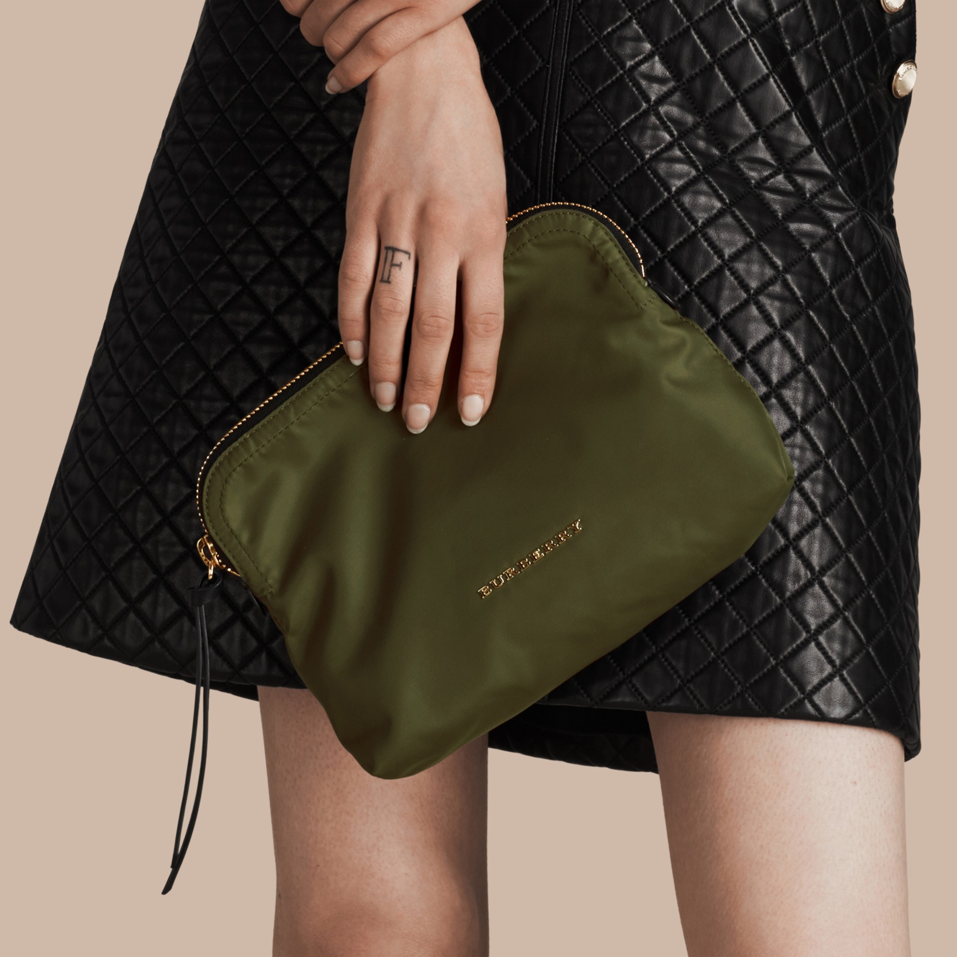 Large Ziptop Technical Nylon Pouch in Canvas Green Women Burberry