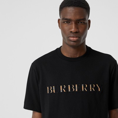 Embroidered Check Logo Cotton T-shirt In Black - Men | Burberry United ...