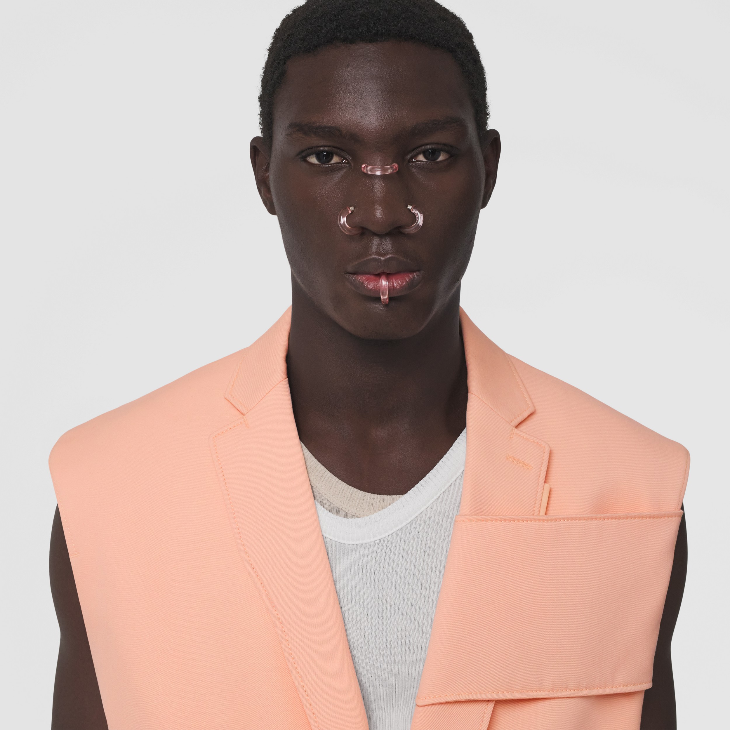 Panel Detail Sleeveless Wool Tailored Jacket in Peach Pink - Men | Burberry® Official - 2