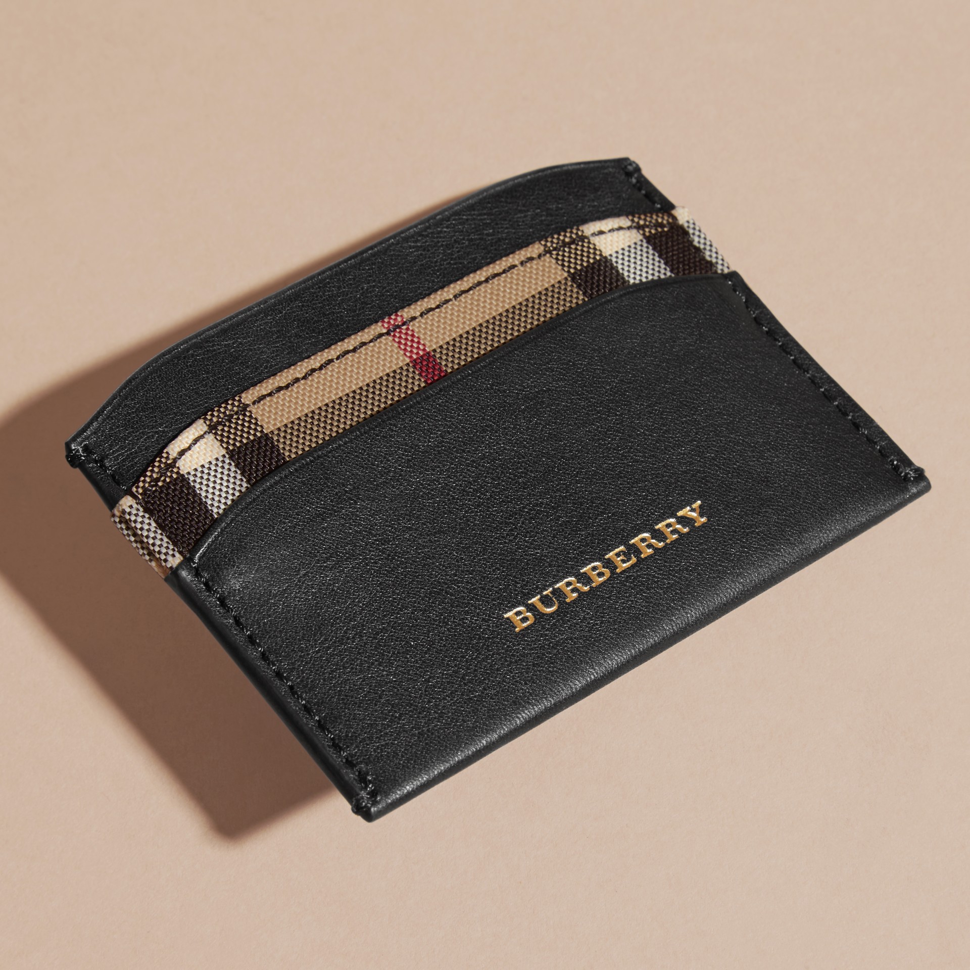 Check and Leather Card Case in Black Women Burberry United States