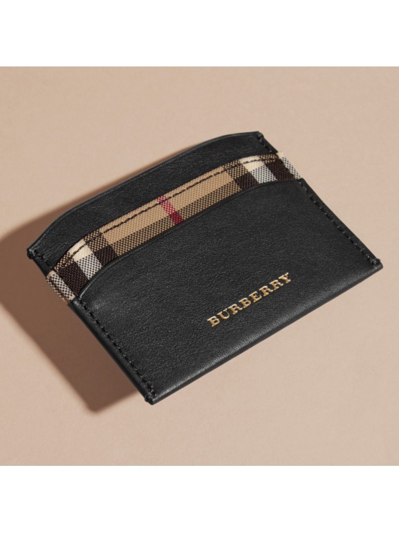 Check and Leather Card Case in Black Women Burberry