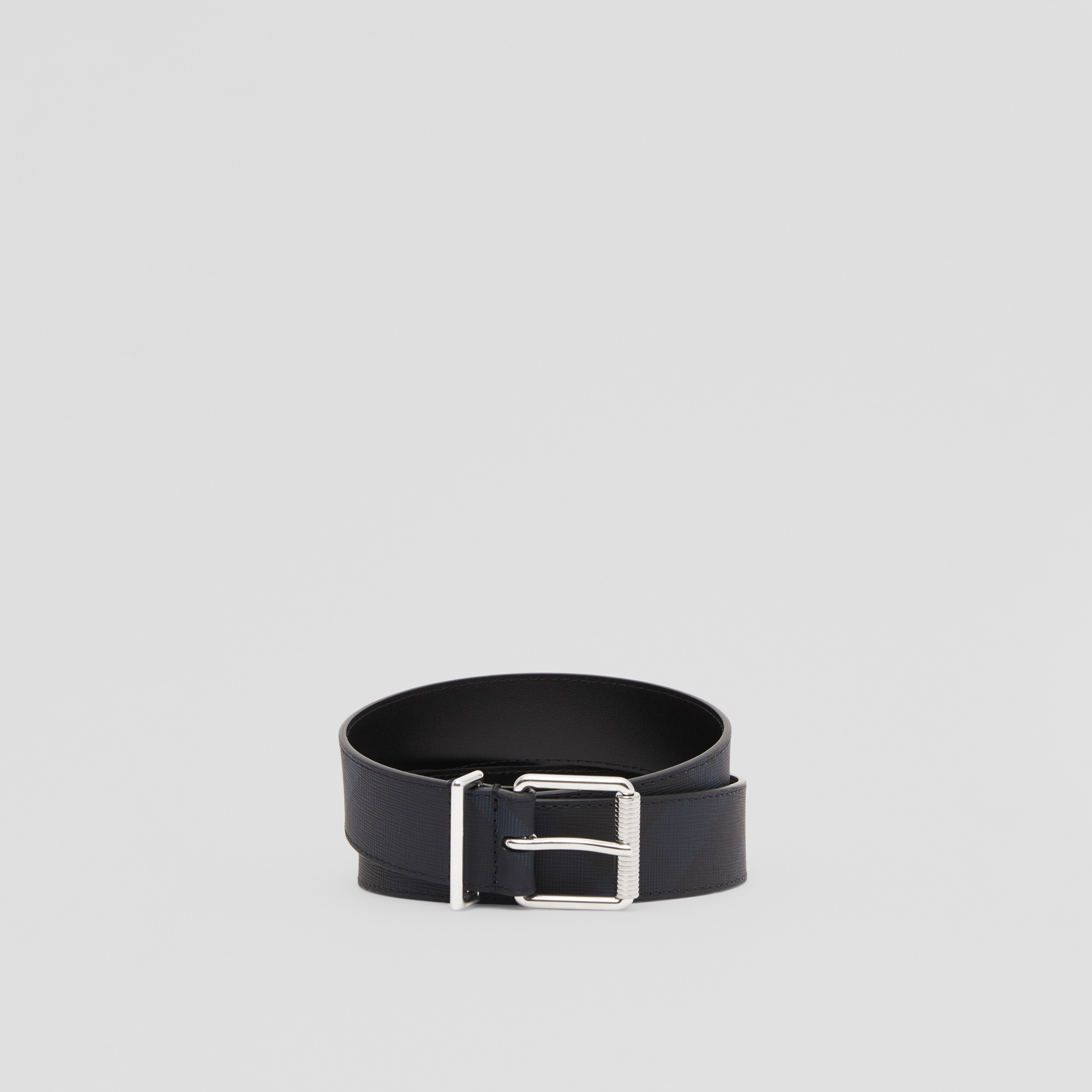 Check and Leather Belt in Charcoal Blue/silver - Men | Burberry® Official - 1