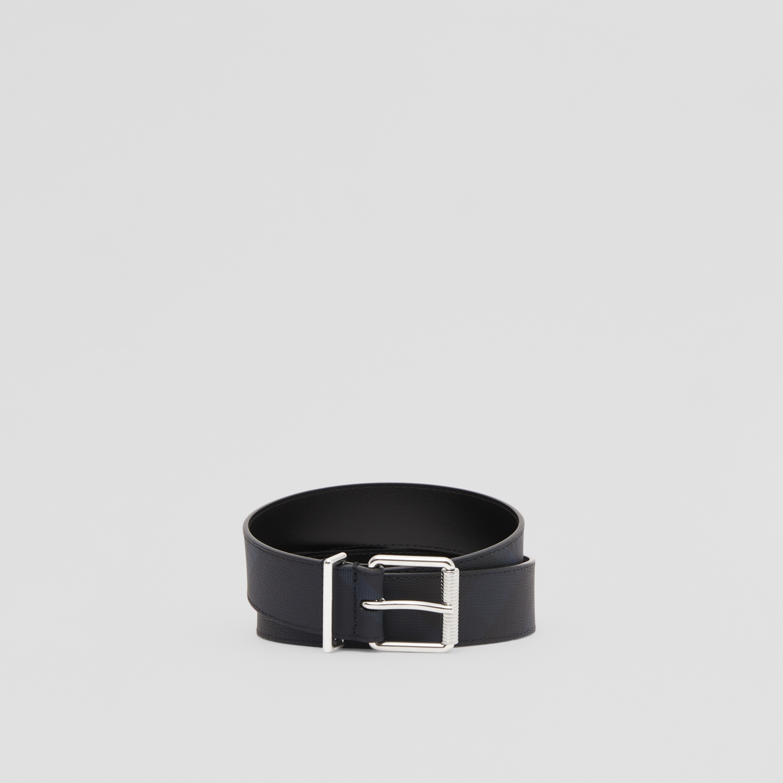 Check and Leather Belt in Charcoal Blue/silver - Men | Burberry® Official